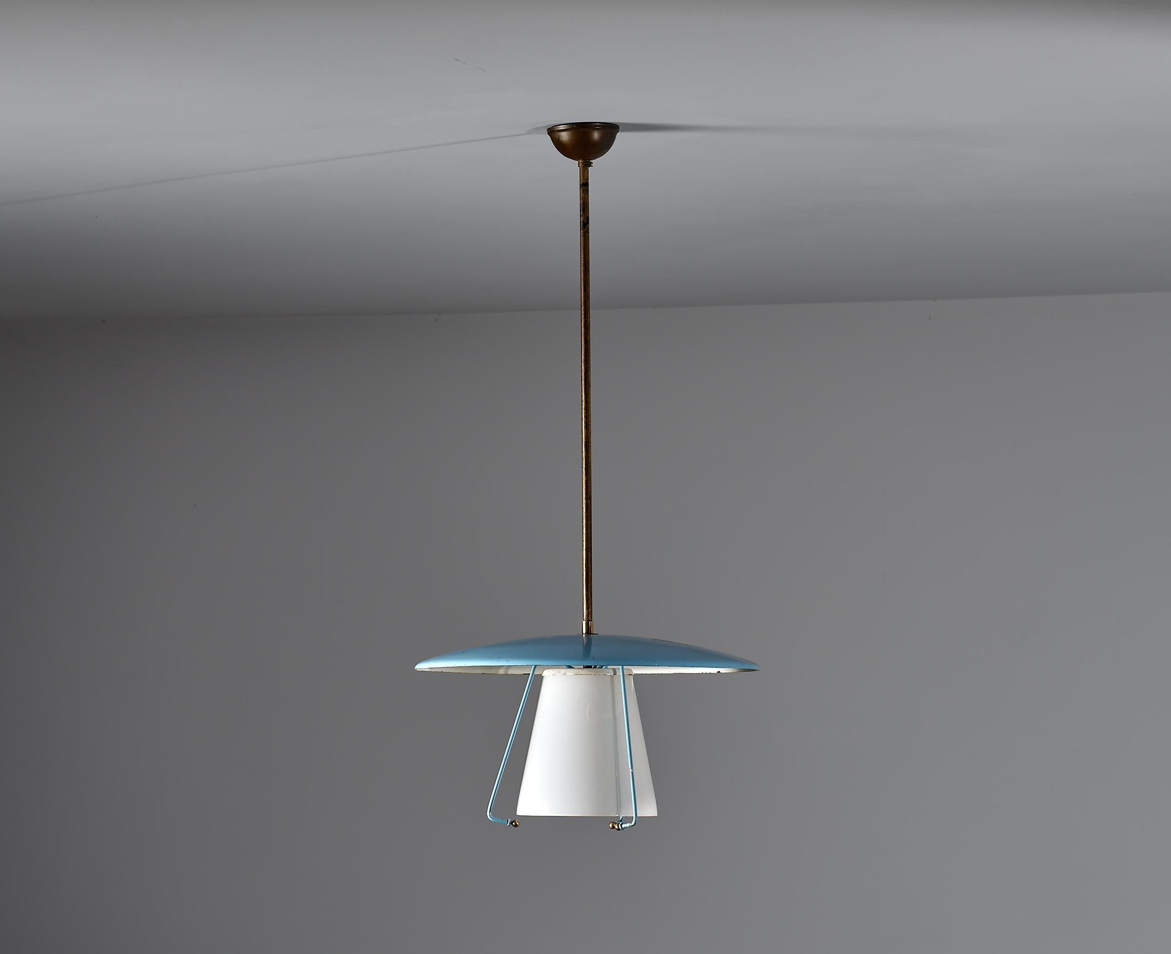 Presenting a  1950s Italian design  pendant chandelier. Meticulously crafted from brass, opaline glass, and blue lacquered metal, its modern aesthetic and subtle patina create a sophisticated centerpiece. The vintage allure of small imperfections
