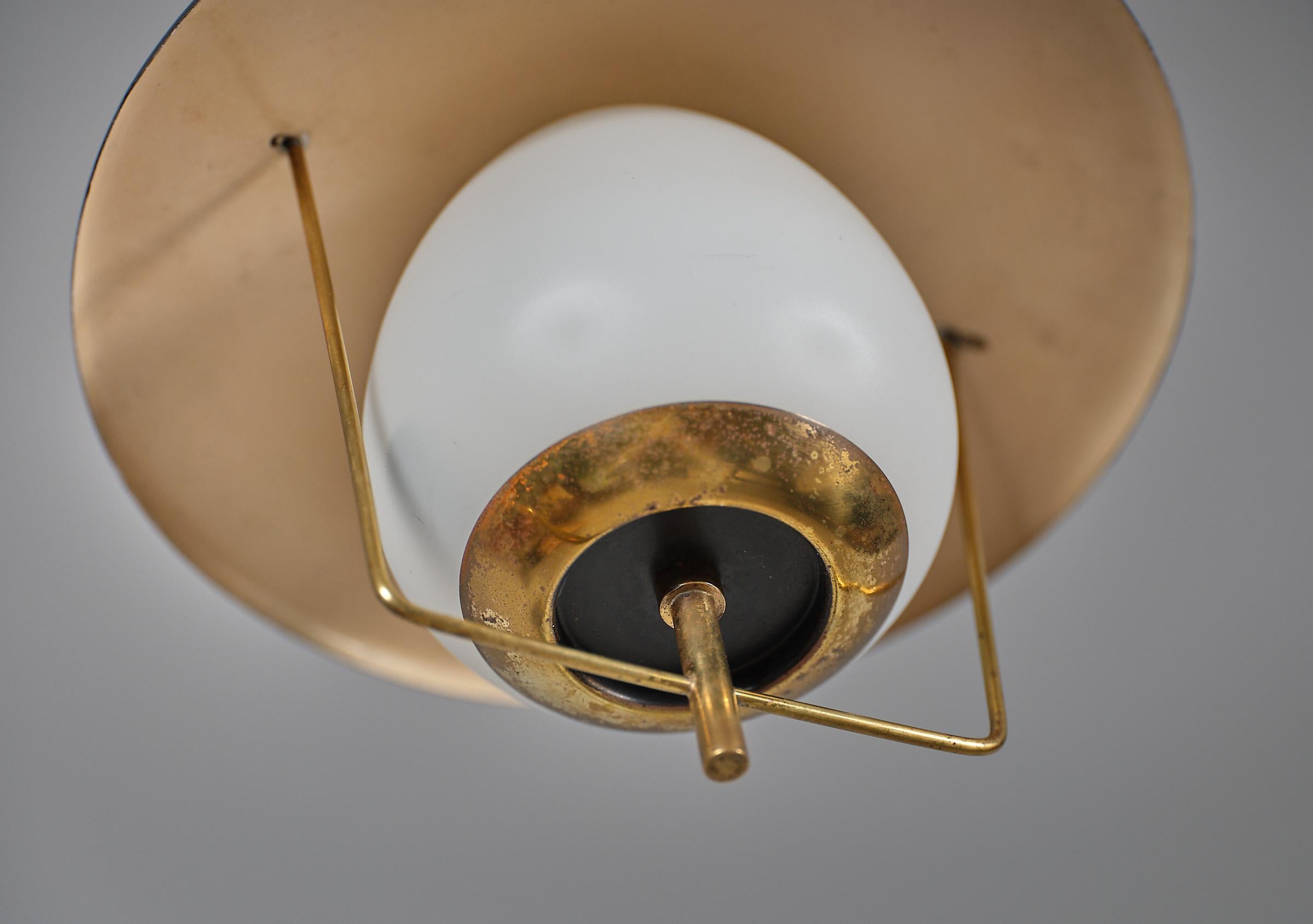 Mid-Century Modern 1950s Italian Pendant Lamp - STILNOVO, Brass with Black Shade and Opal Glass For Sale