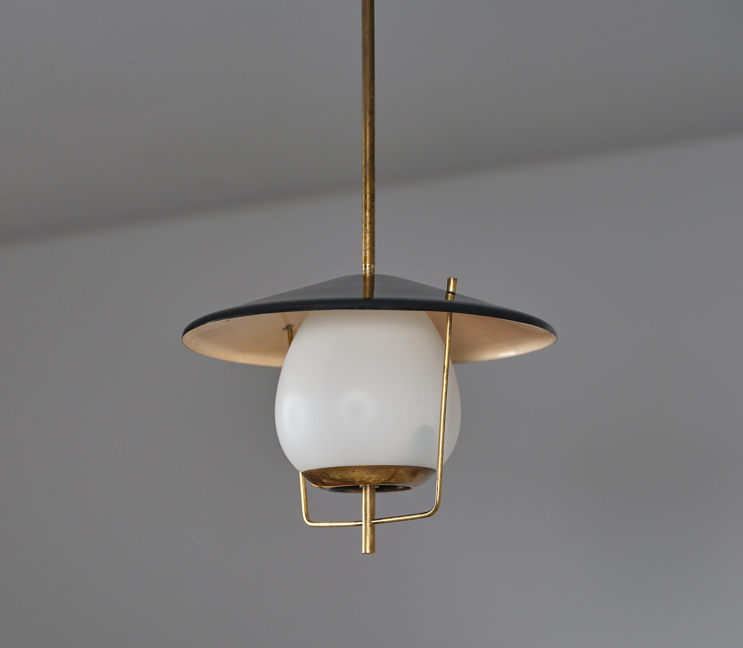 Mid-20th Century 1950s Italian Pendant Lamp - STILNOVO, Brass with Black Shade and Opal Glass For Sale