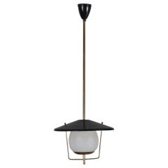 1950s Italian Pendant Lamp - STILNOVO, Brass with Black Shade and Opal Glass