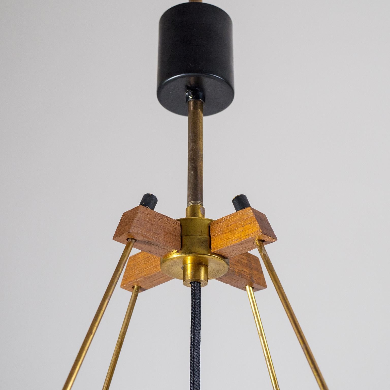 Italian Suspension Light, 1950s, Satin Glass, Brass and Teak 3