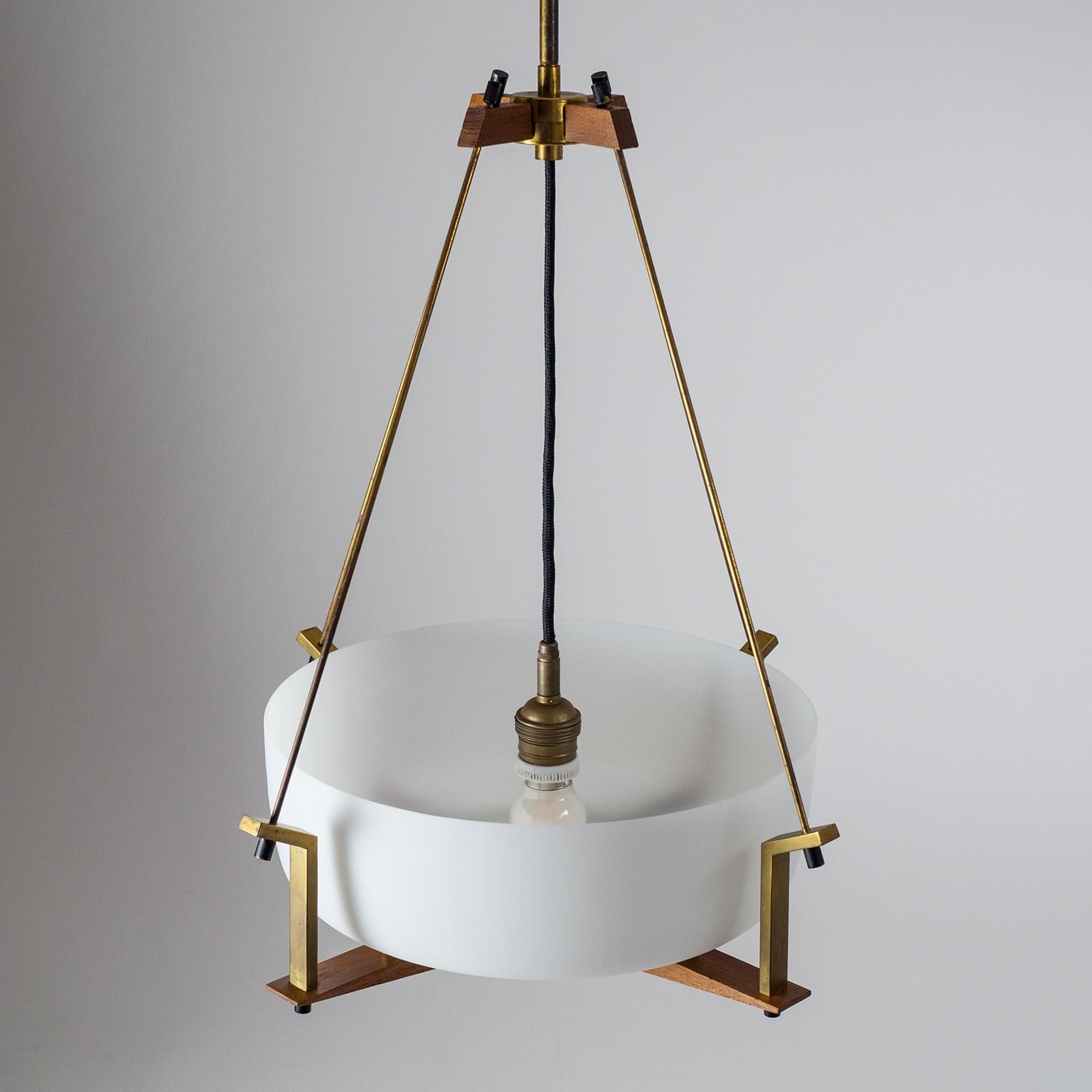 Italian Suspension Light, 1950s, Satin Glass, Brass and Teak 10