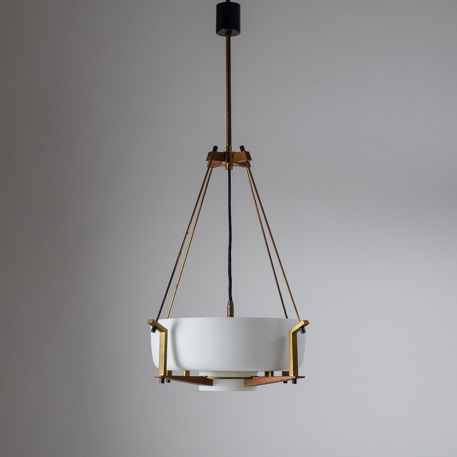 Mid-Century Modern Italian Suspension Light, 1950s, Satin Glass, Brass and Teak