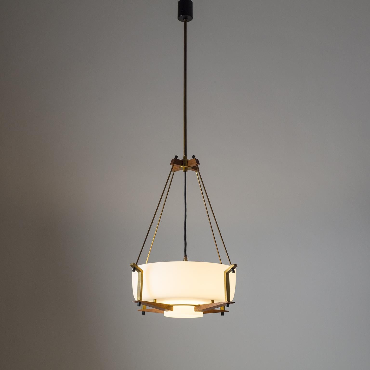Italian Suspension Light, 1950s, Satin Glass, Brass and Teak In Good Condition In Vienna, AT
