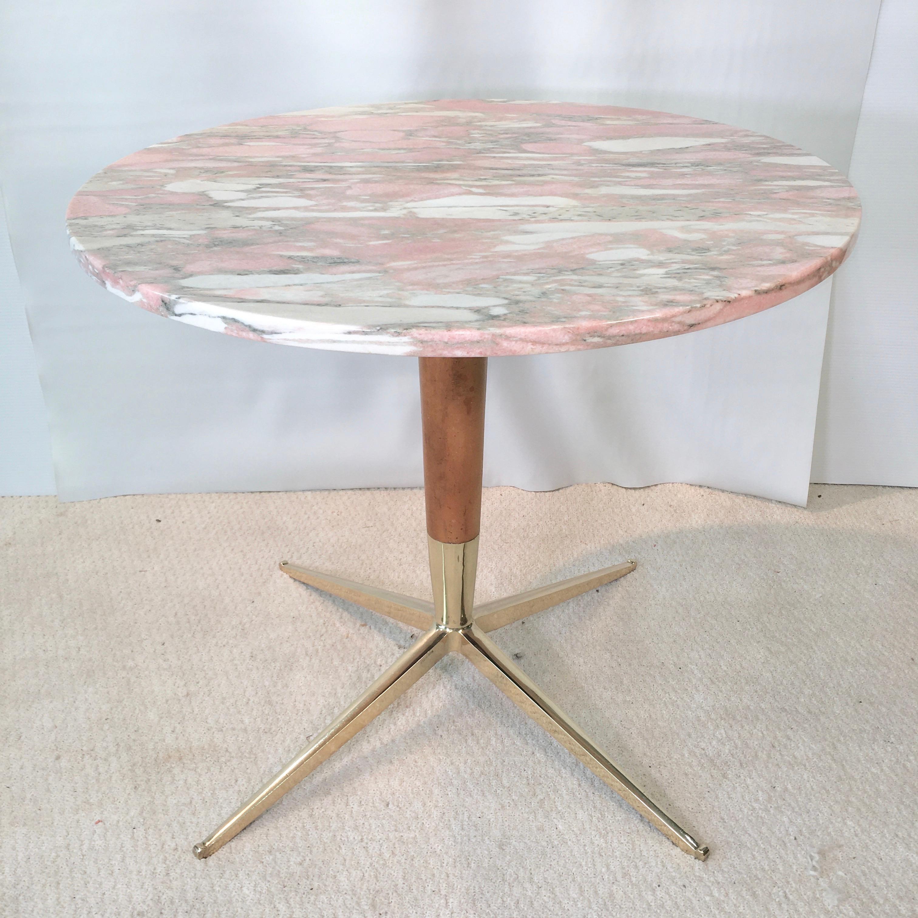 1950s Italian pedestal base table with tapered cherrywood stem, four star tapered brass base engraved 