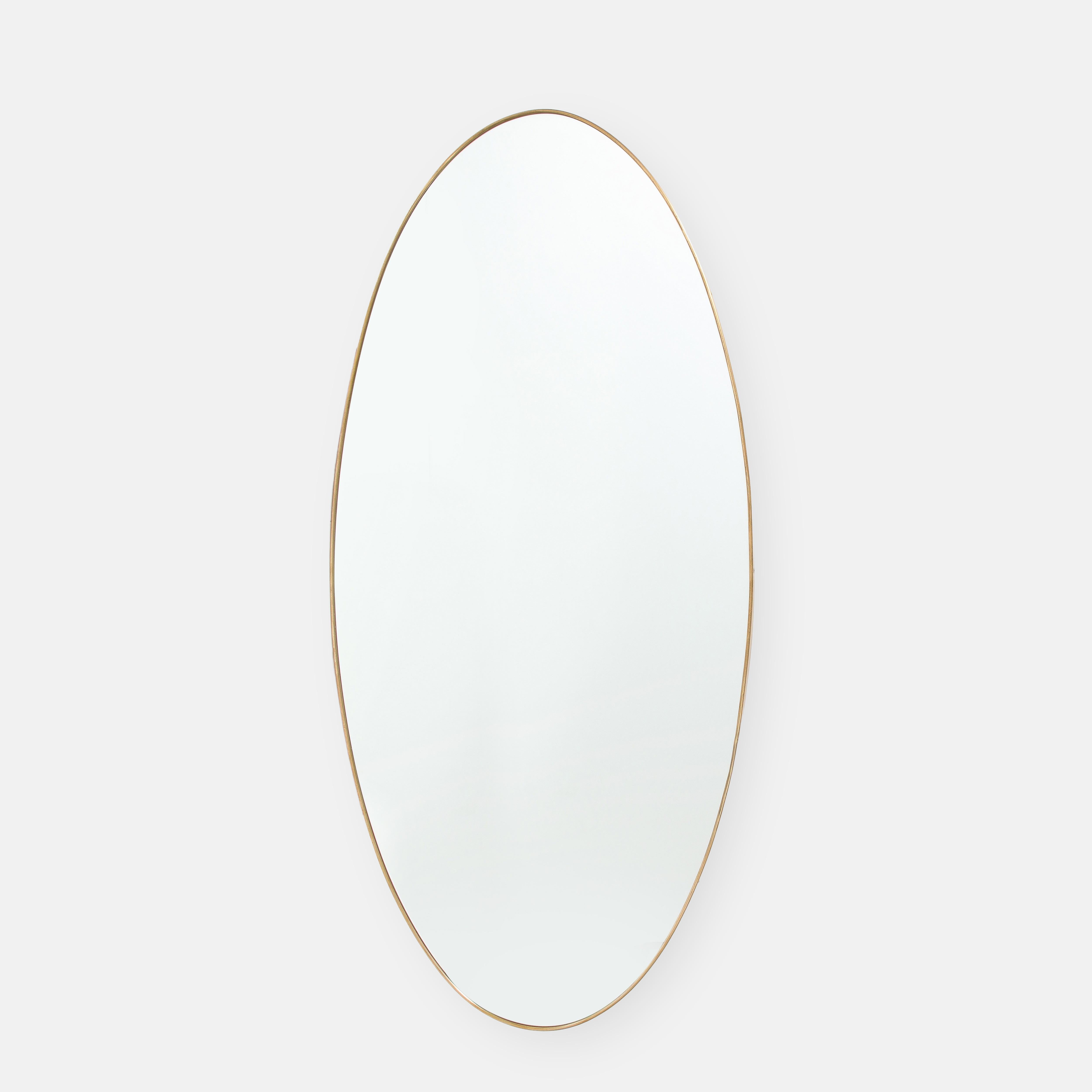 Mid-Century Modern 1950s Italian Rare Pair of Grand Scale Oval Brass Mirrors For Sale