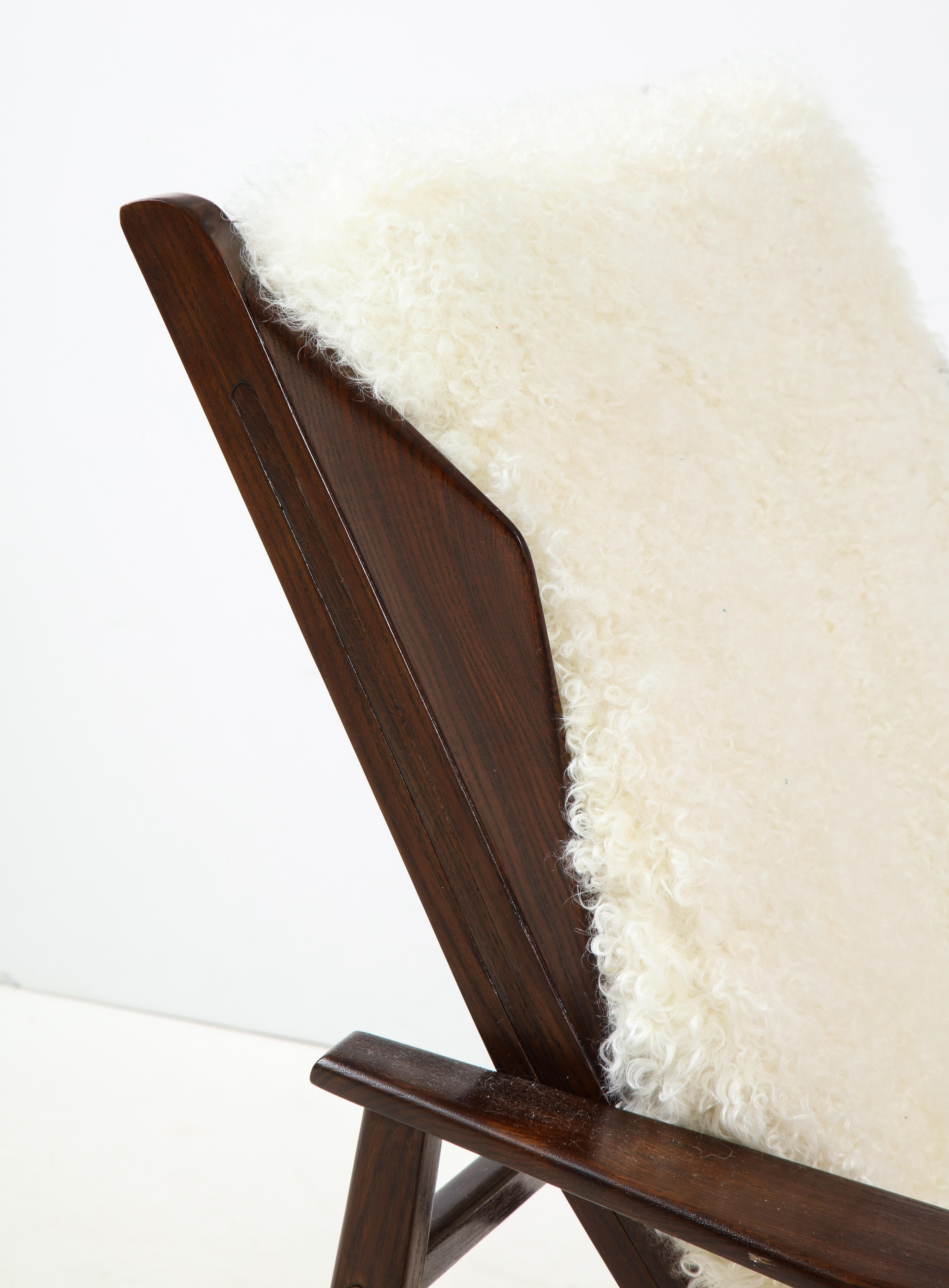 Fur 1950s Italian Oak Reclining Lounge Chair in White Kalgan Lambskin