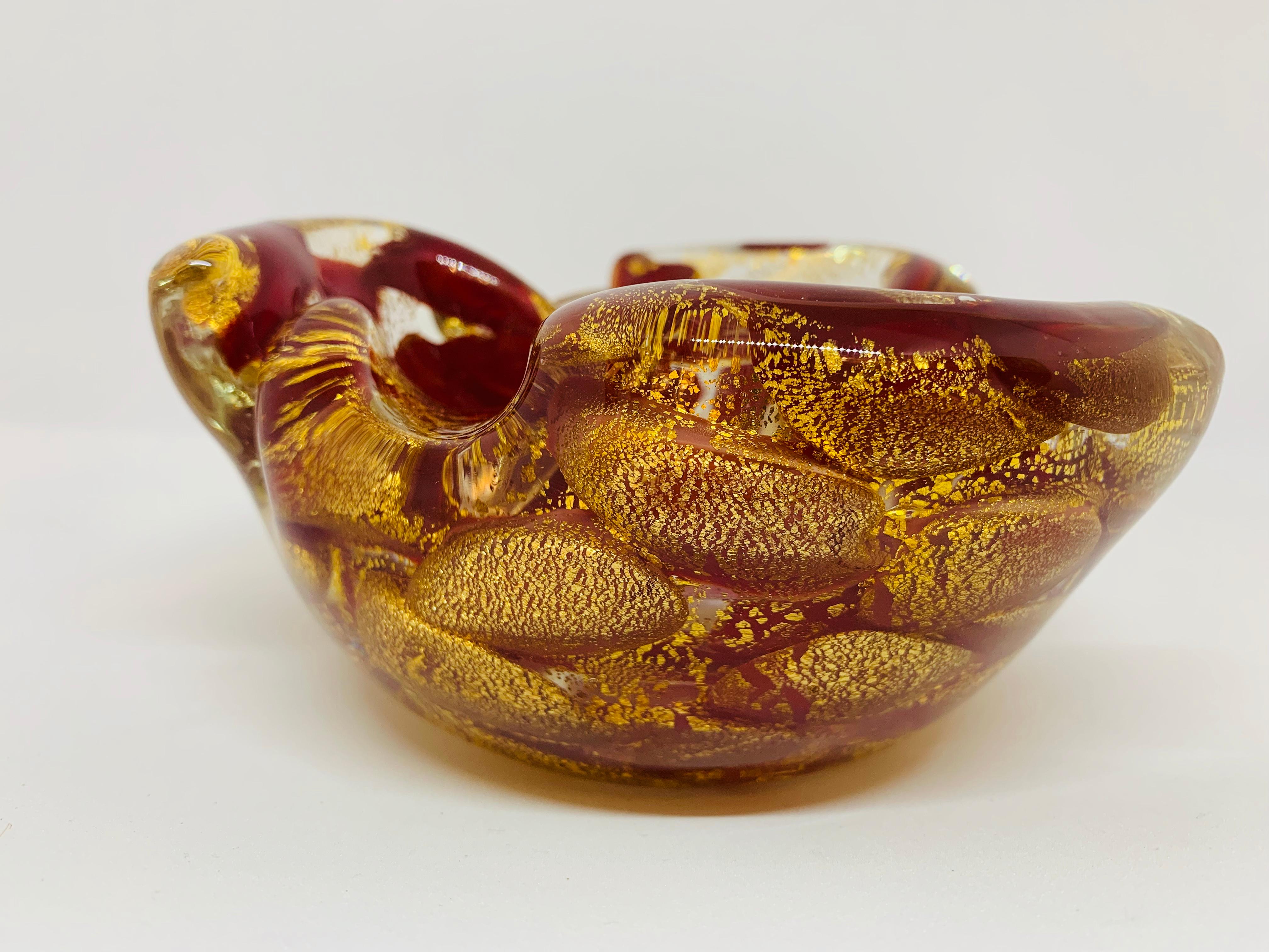 1950s Italian Red and Gold Murano Glass Ashtray Bowl by Barovier and Toso 1
