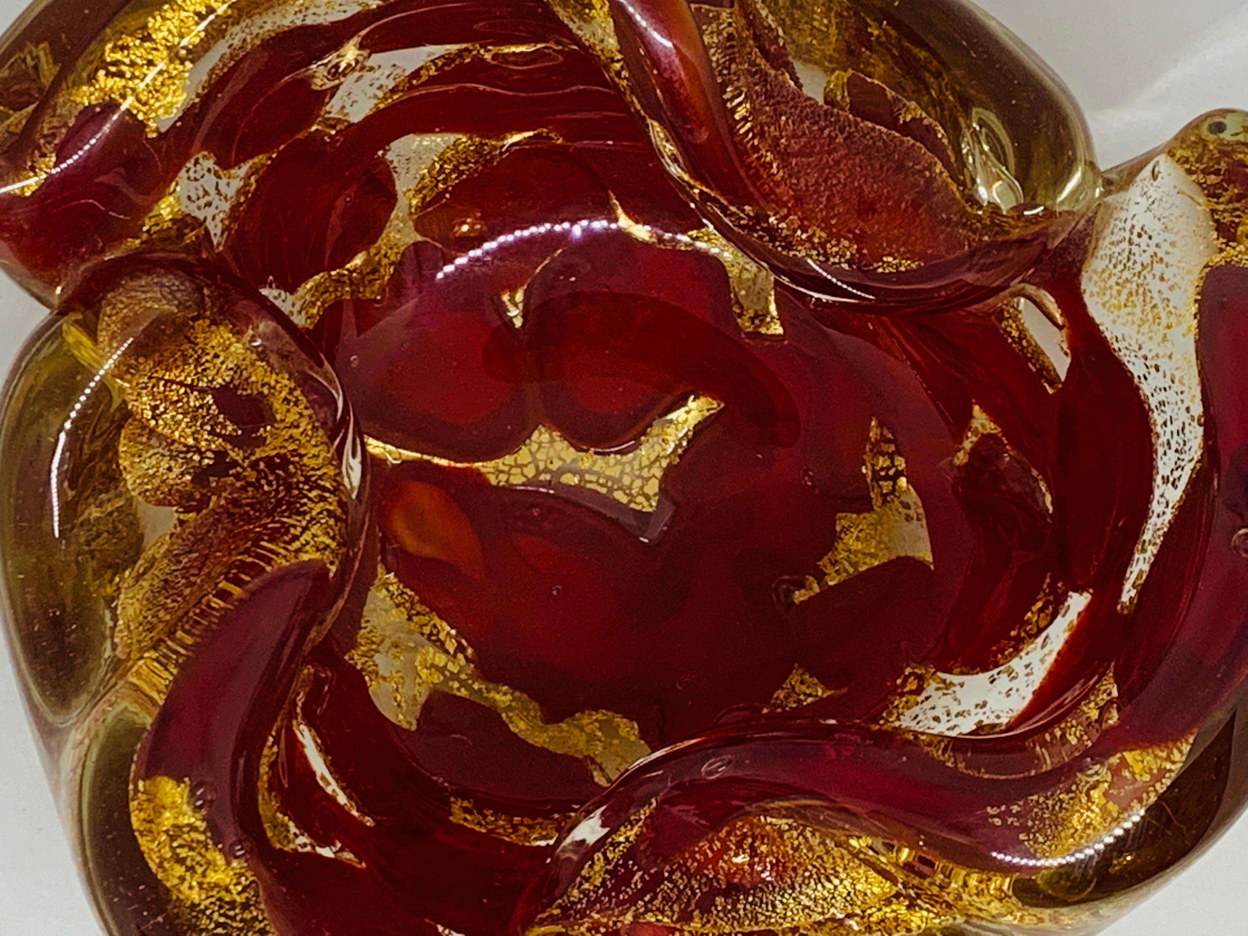 1950s Italian Red and Gold Murano Glass Ashtray Bowl by Barovier and Toso 2