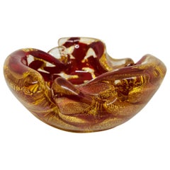 1950s Italian Red and Gold Murano Glass Ashtray Bowl by Barovier and Toso