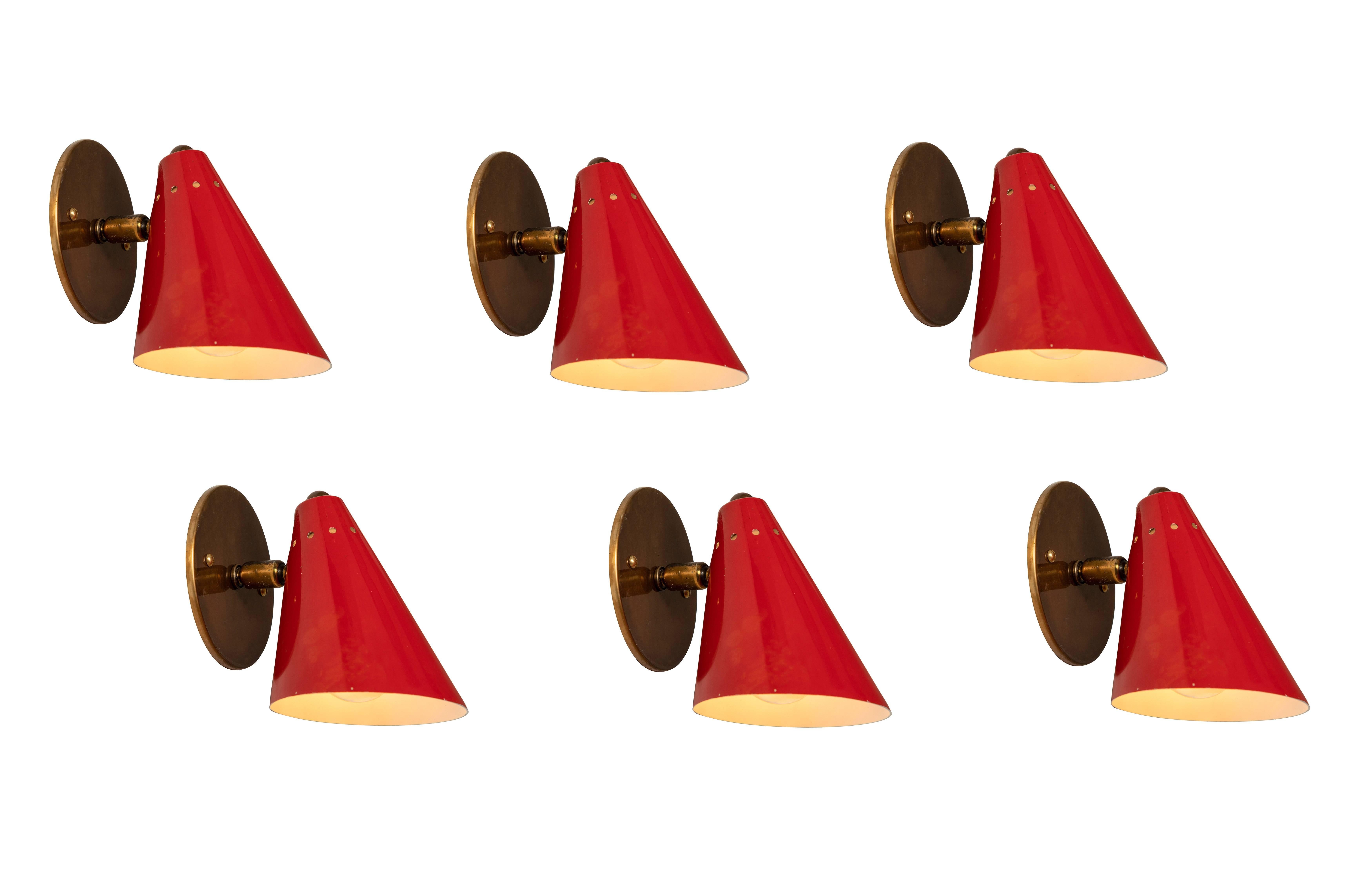 1950s Italian Red Cone Sconces in the Manner of Arteluce 2