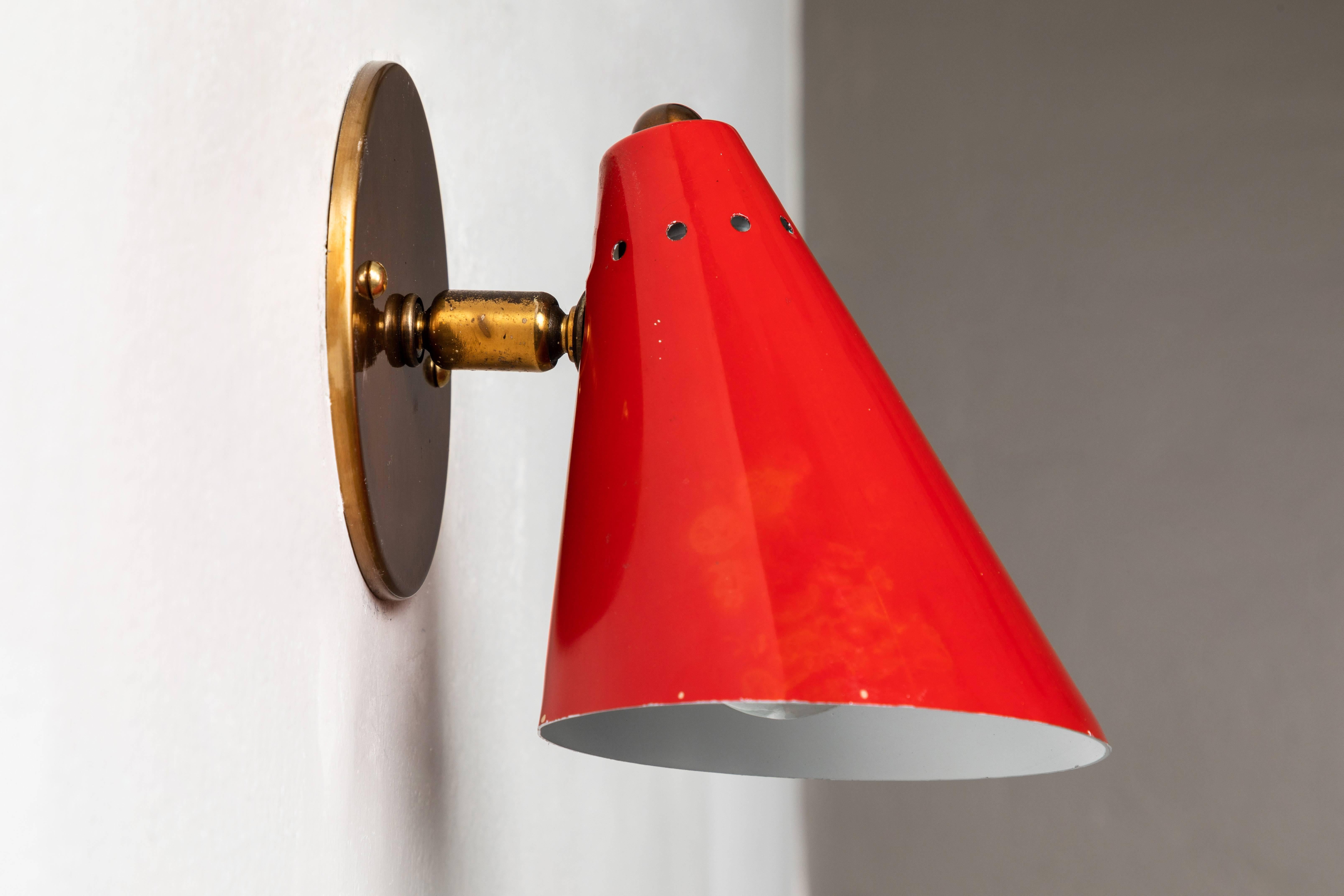 Enameled 1950s Italian Red Cone Sconces in the Manner of Arteluce