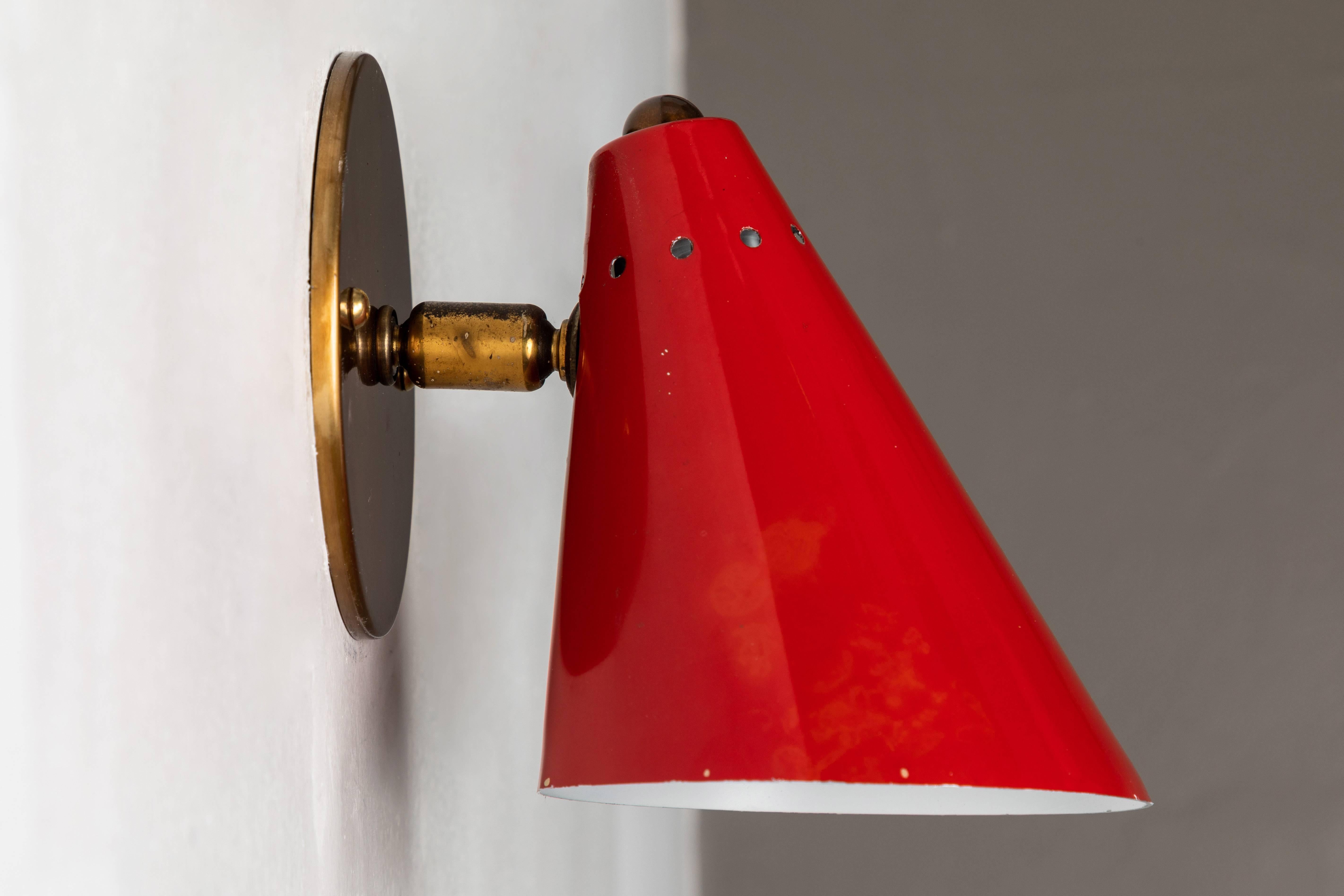 1950s Italian Red Cone Sconces in the Manner of Arteluce In Good Condition In Glendale, CA