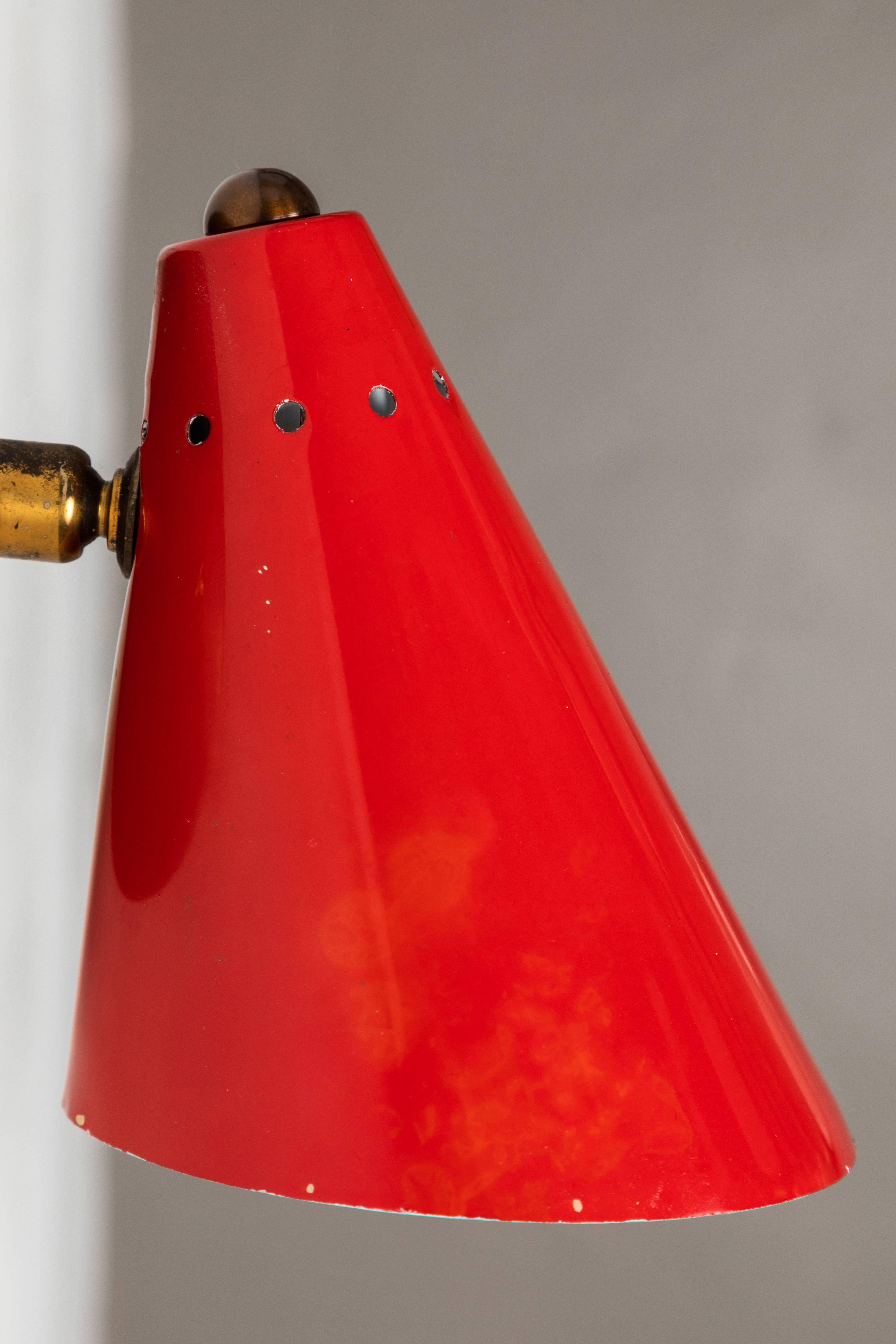 Metal 1950s Italian Red Cone Sconces in the Manner of Arteluce