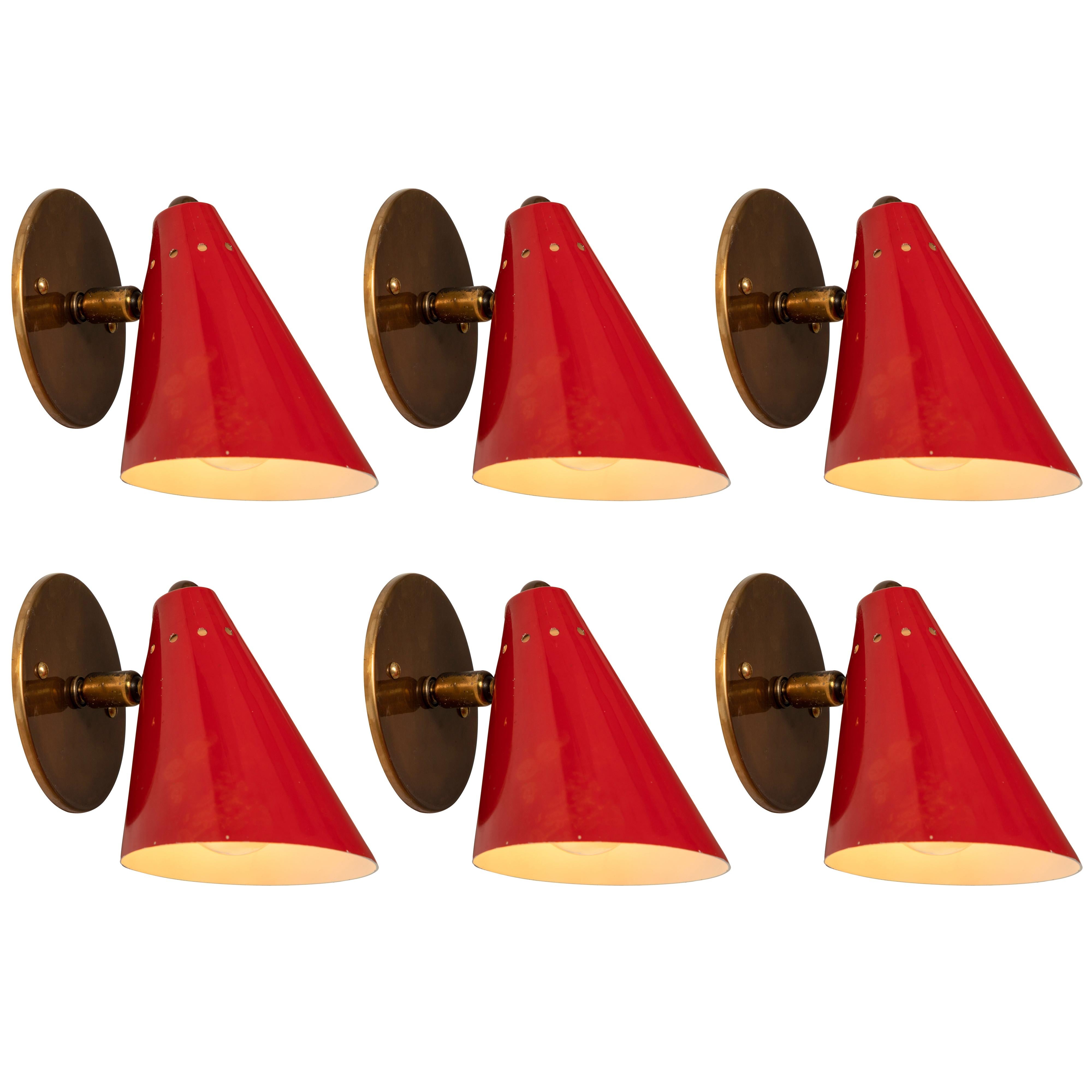 1950s Italian Red Cone Sconces in the Manner of Arteluce