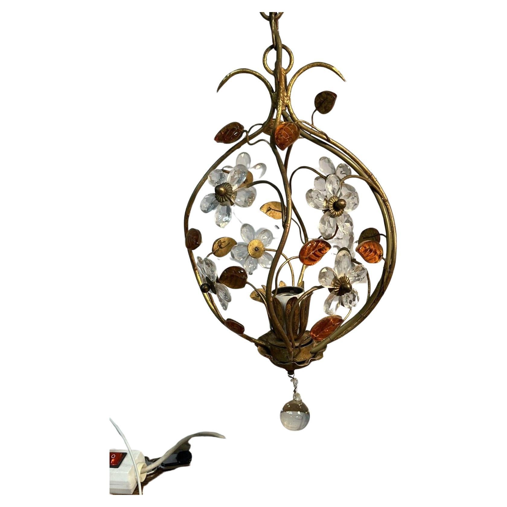 c1950's Italian Regency Crystal Flower and Petal Hanging Lantern by Banci Firenze. Beautiful lighting from Banci.