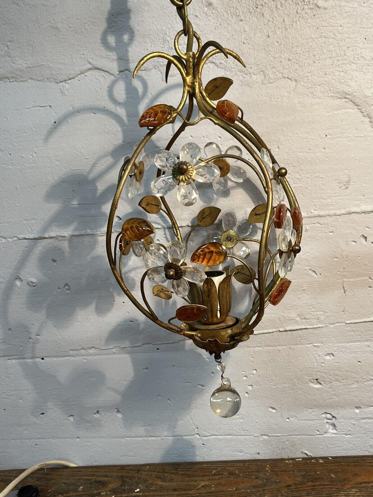 1950's Italian Regency Crystal Flower and Petal Hanging Lantern In Good Condition For Sale In Opa Locka, FL
