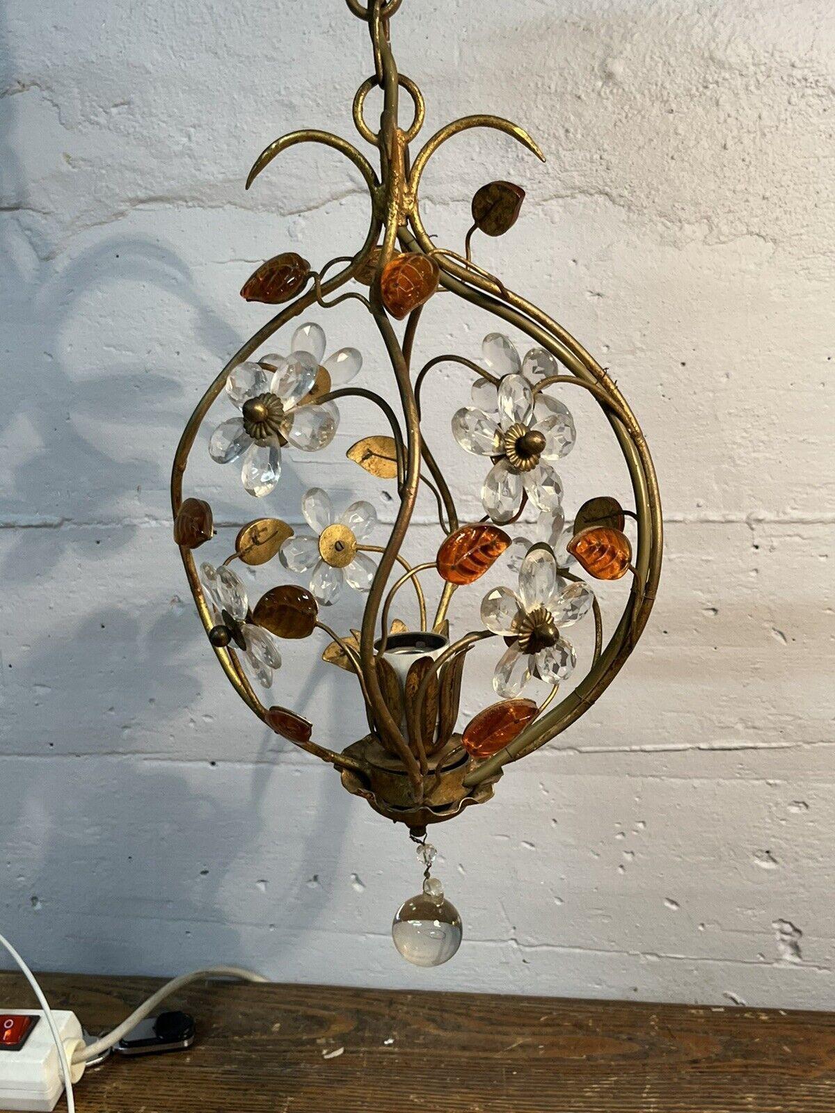 1950's Italian Regency Crystal Flower and Petal Hanging Lantern For Sale 2