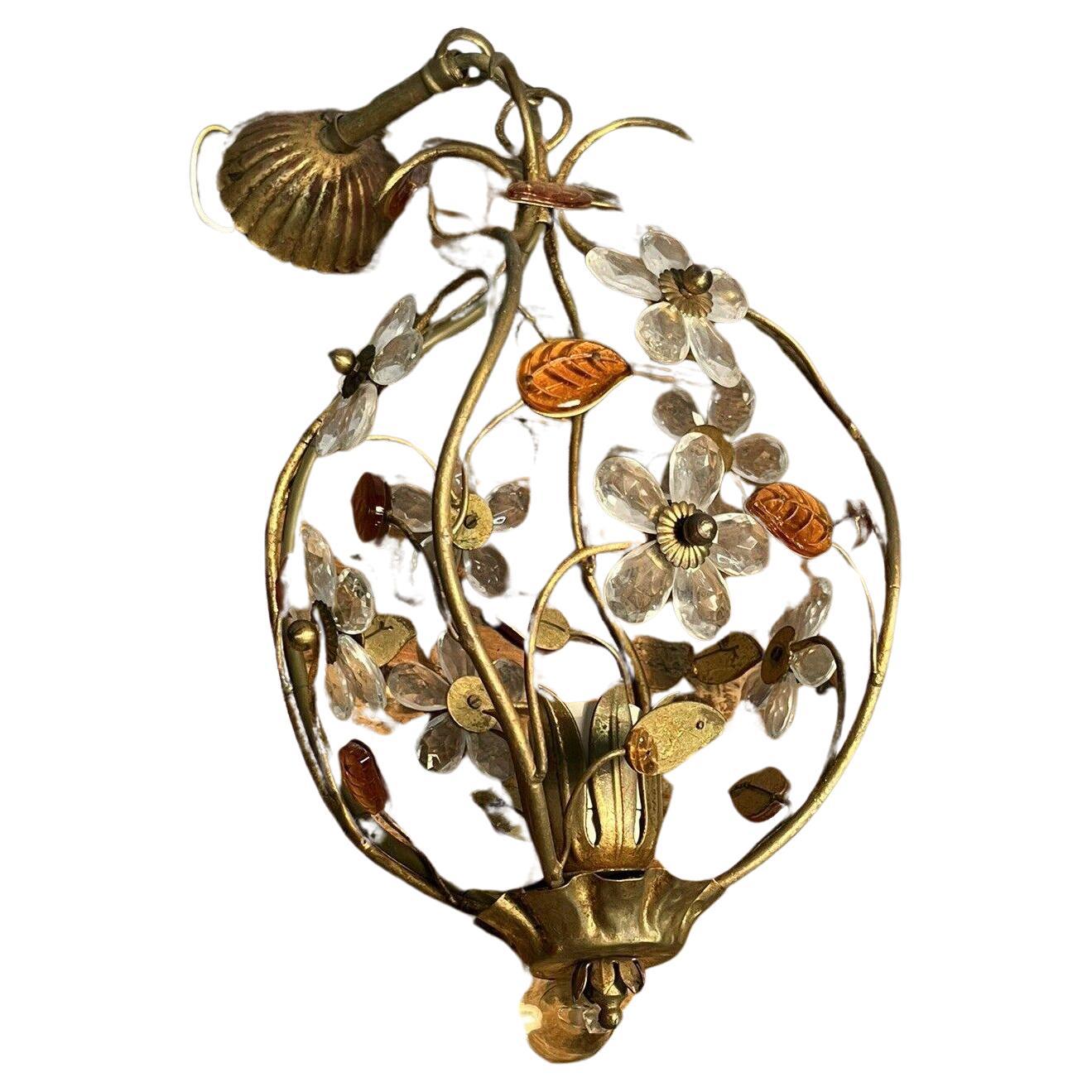 1950's Italian Regency Crystal Flower and Petal Hanging Lantern For Sale