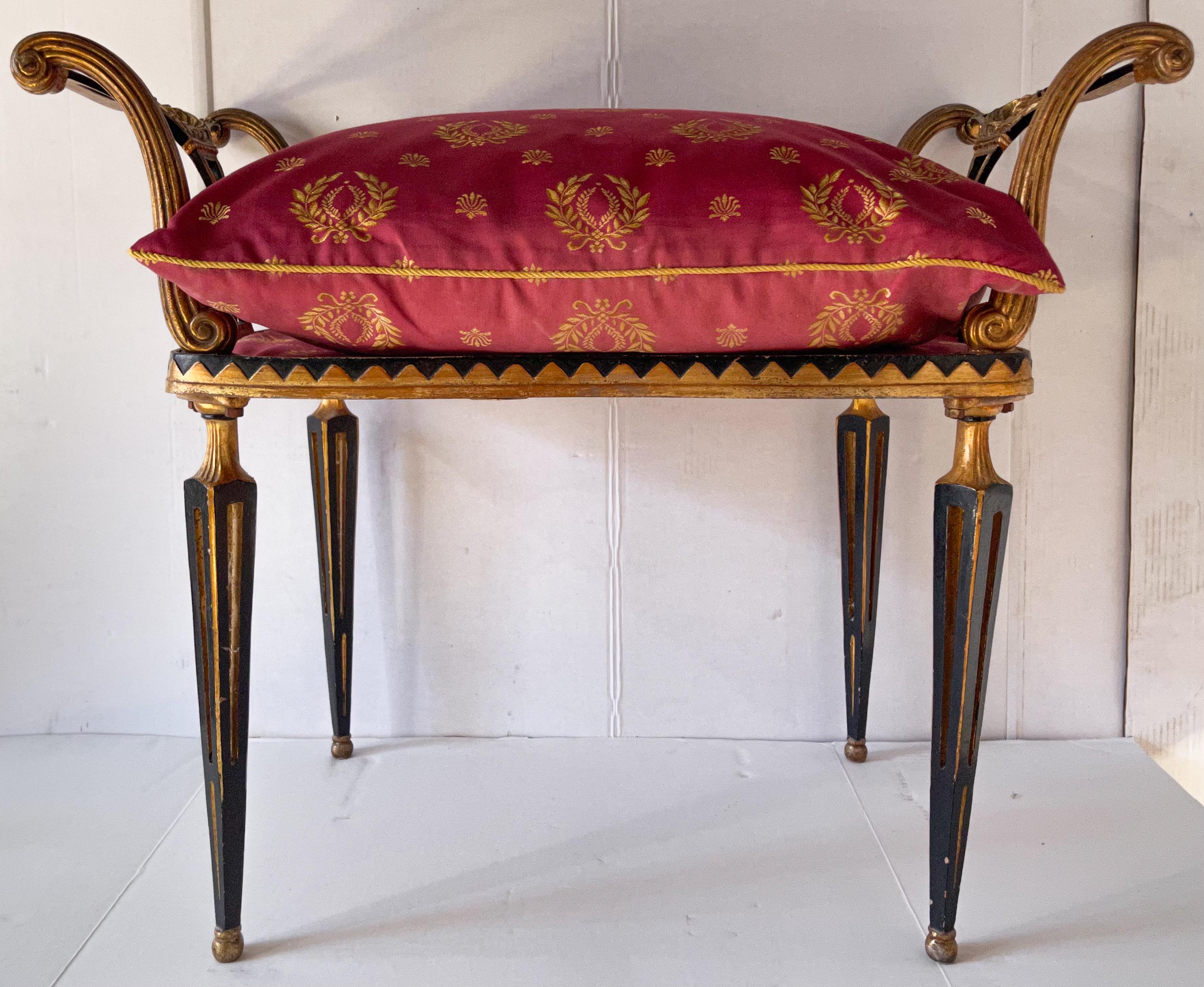 This is 1950s Italian regency style gilt metal tole painted bench in vintage embroidered French silk. It is special piece! It is unmarked and in very good condition. The pillow, however, is very faded on one side.