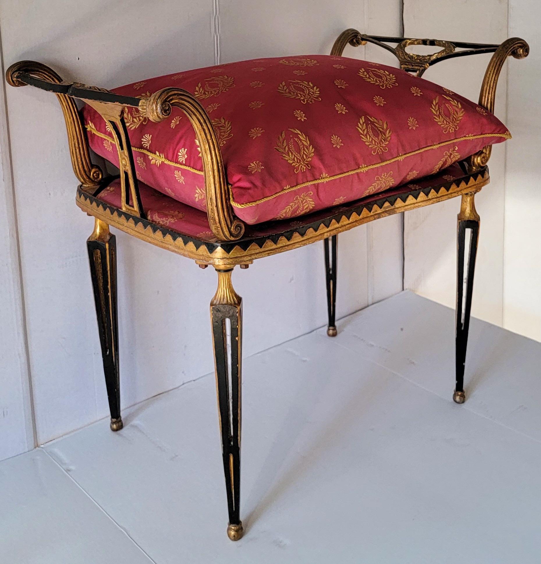 1950s Italian Regency Style Gilt Metal Tole Painted Bench in French Silk For Sale 3