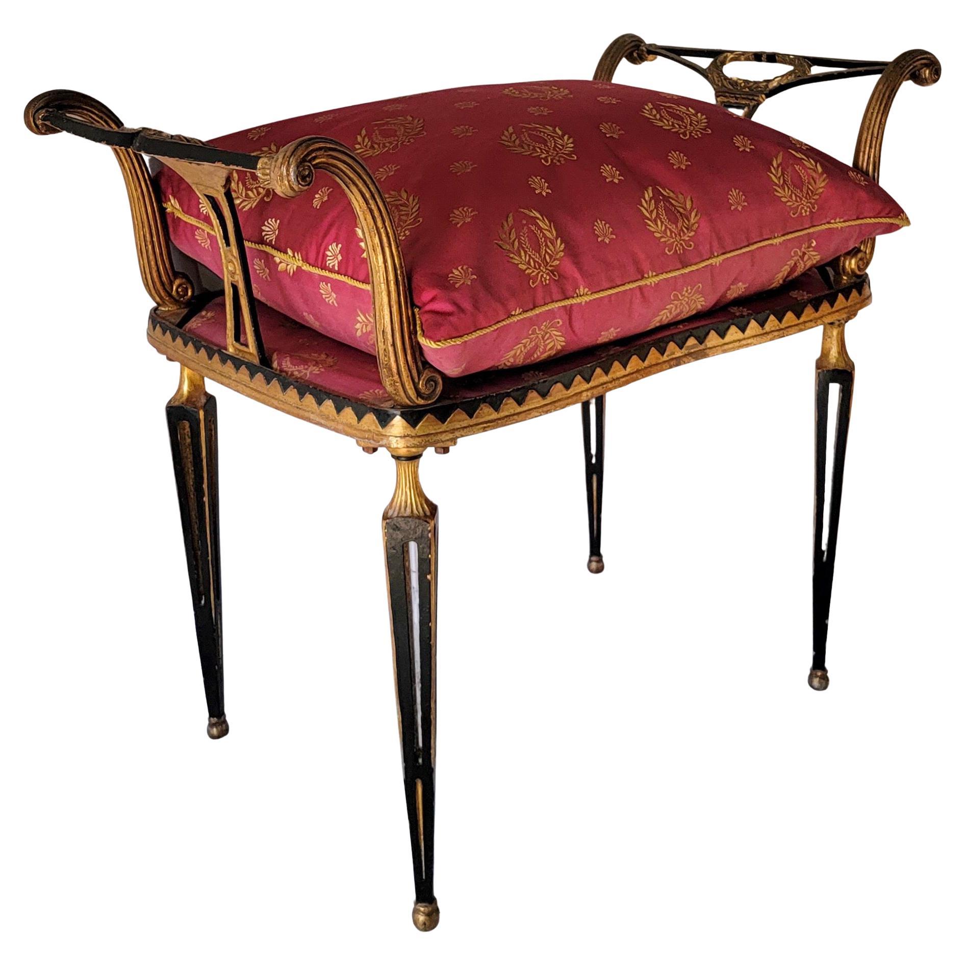 1950s Italian Regency Style Gilt Metal Tole Painted Bench in French Silk For Sale