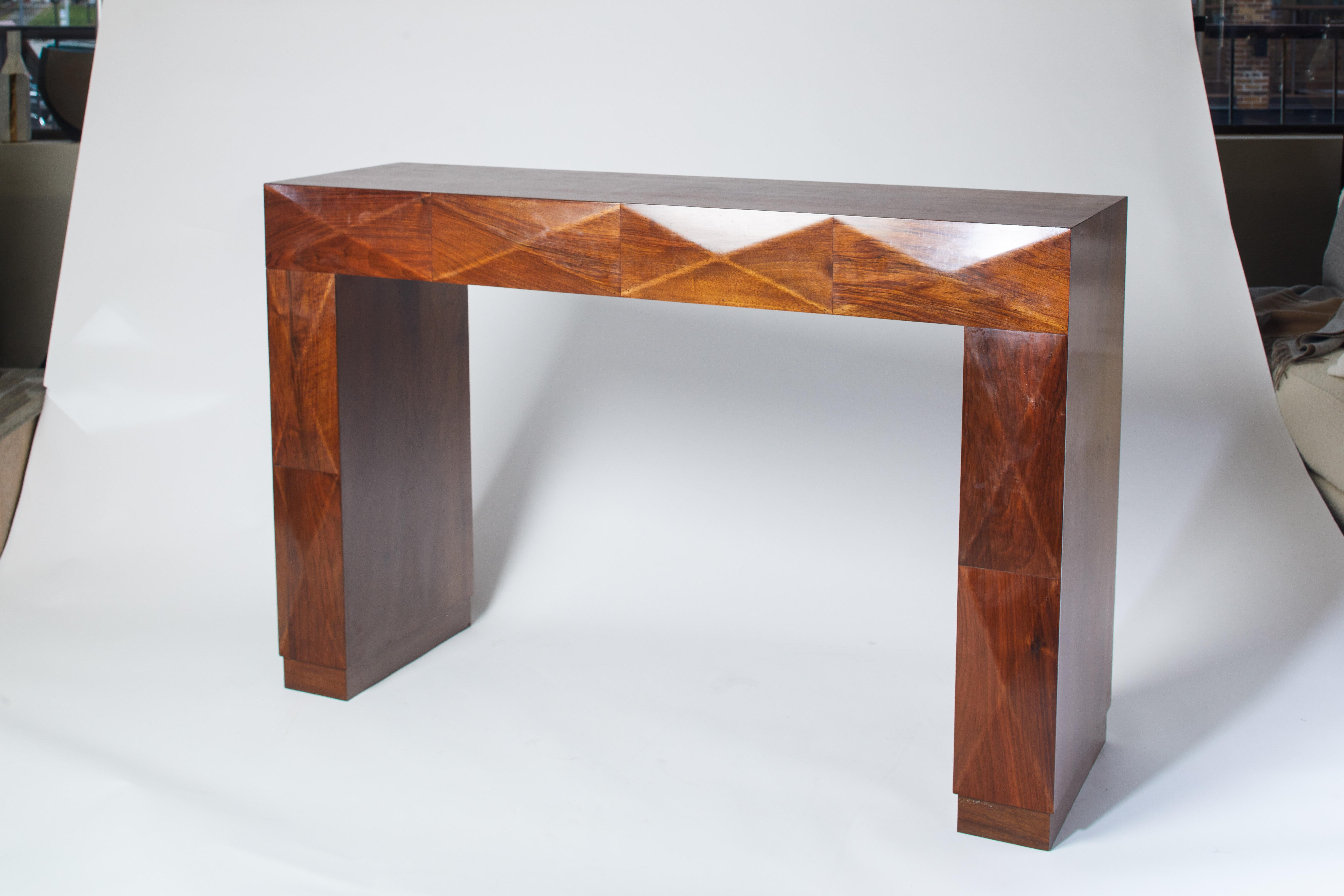 1950s Italian restored walnut console with wood detailing along the front.