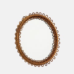 1950s Italian Round Bamboo and Rattan Wall Mirror