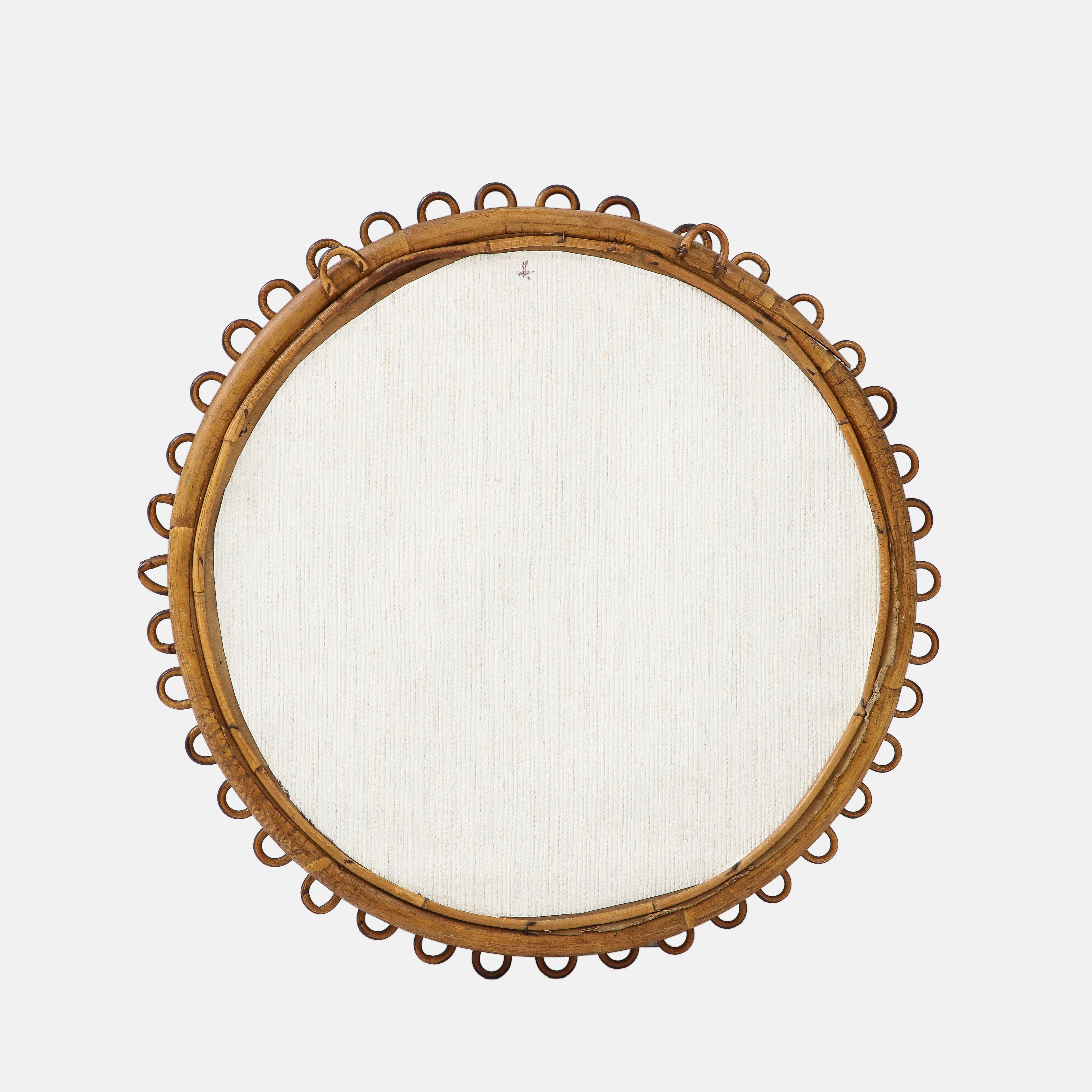 1950s Italian Round Bamboo and Rattan Wall Mirror For Sale 2