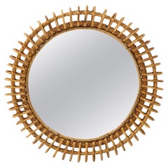 1950s Italian Round Bamboo and Rattan Wall Mirror