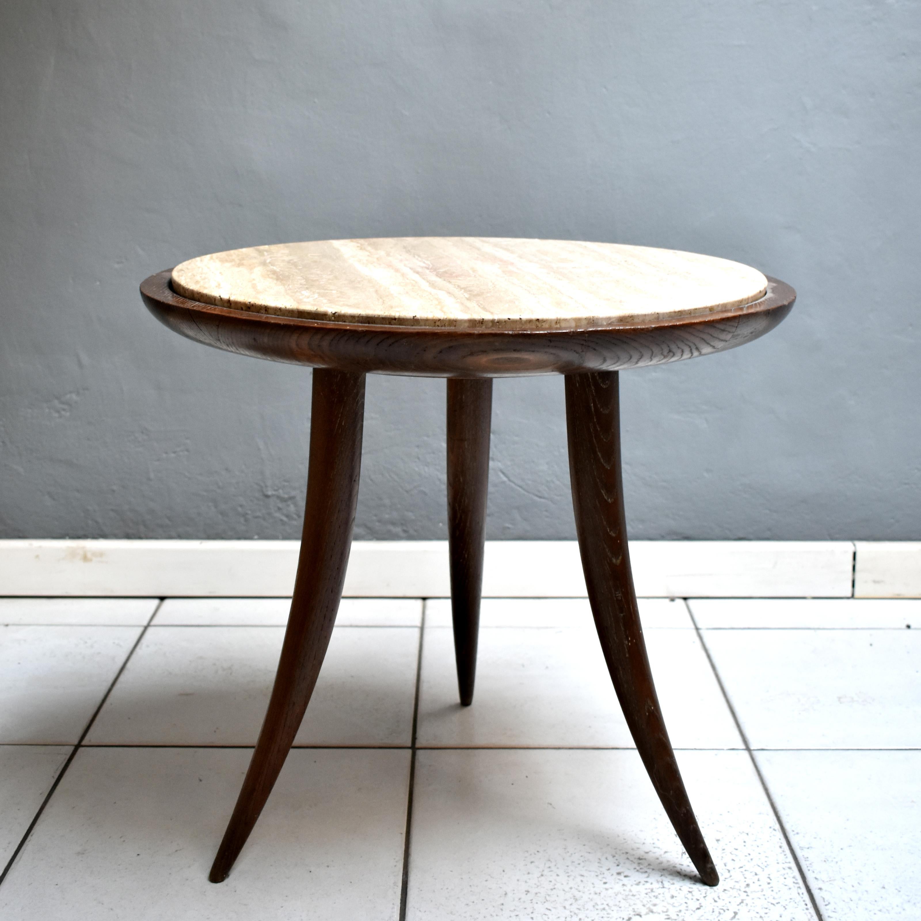 1950s Italian Round Coffee Table in Wood and Travertine Marble Top For Sale 1