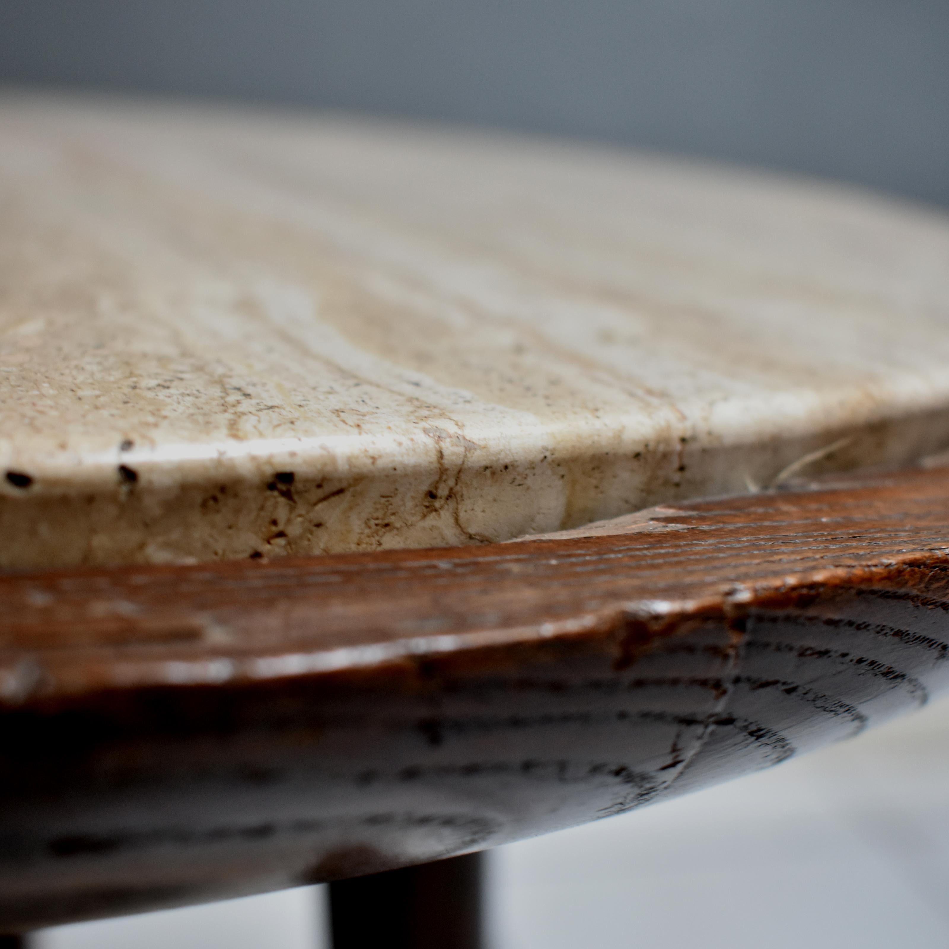 1950s Italian Round Coffee Table in Wood and Travertine Marble Top For Sale 3