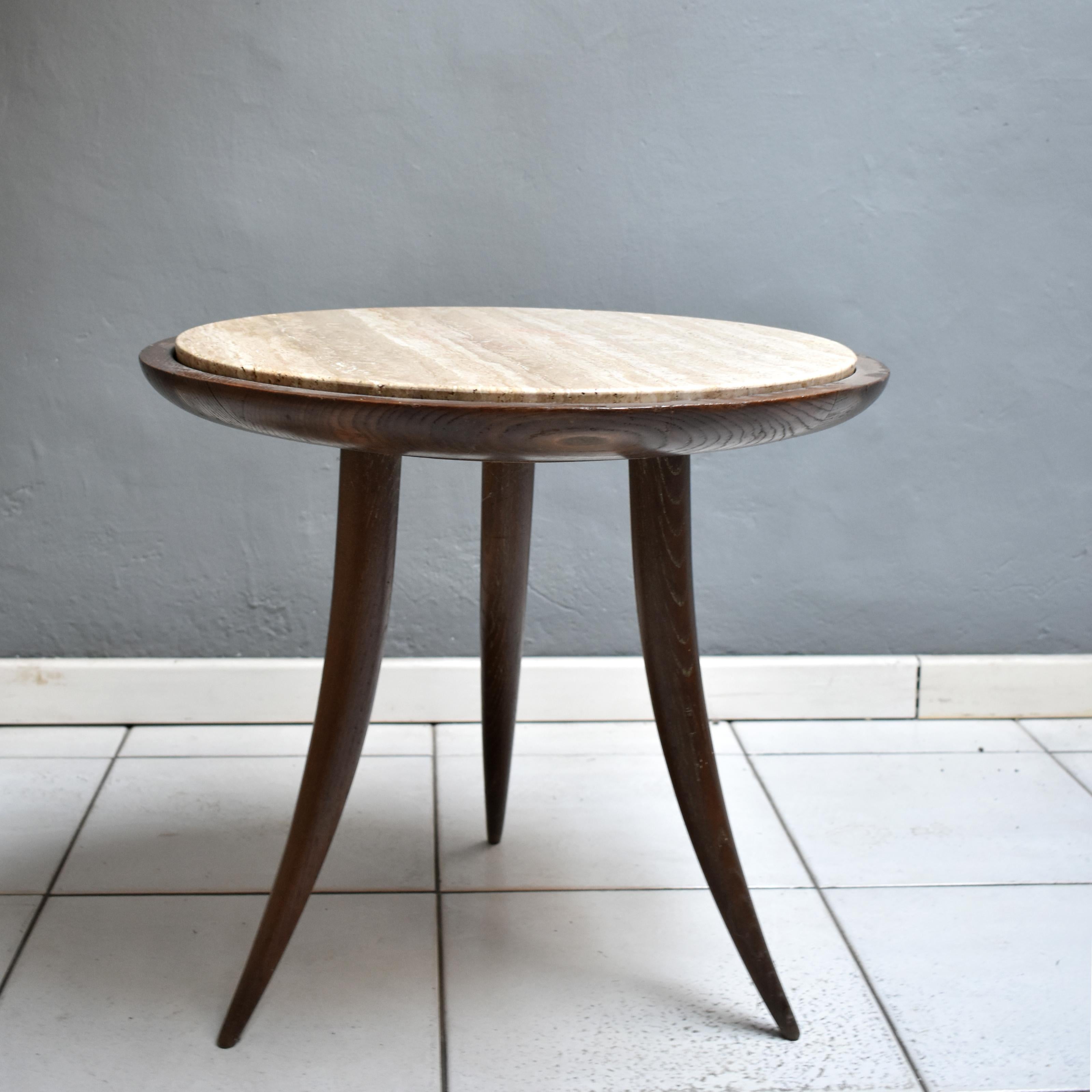 1950s Italian Round Coffee Table in Wood and Travertine Marble Top For Sale 4