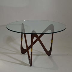 1950s Italian Round Coffee Table, Triangular Mahogany Base, by Cesare Lacca
