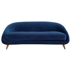 1950s Italian Royal Blue Velvet Curved Sofa
