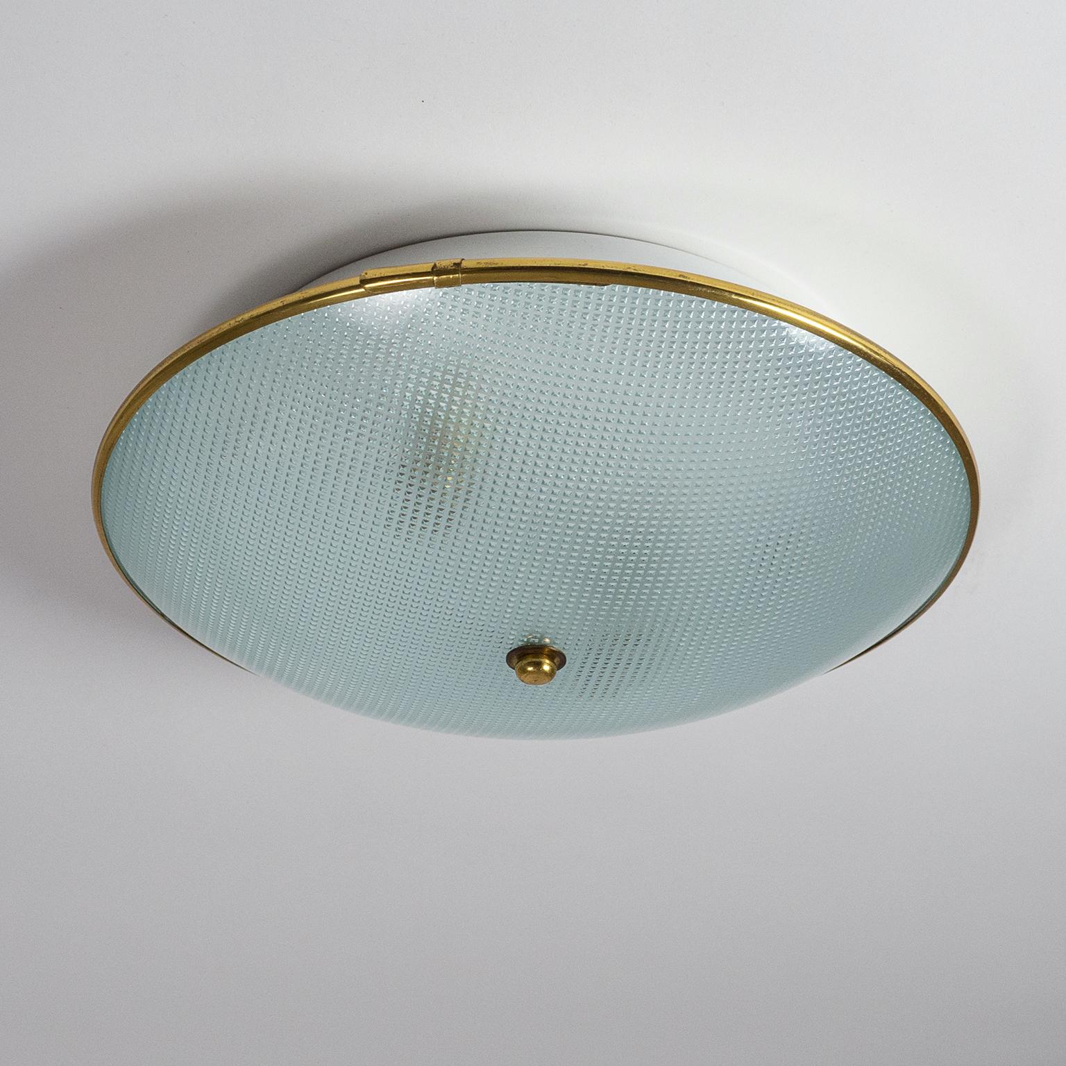 Aluminum 1950s Italian Saucer Ceiling or Wall Lights, Textured Glass and Brass