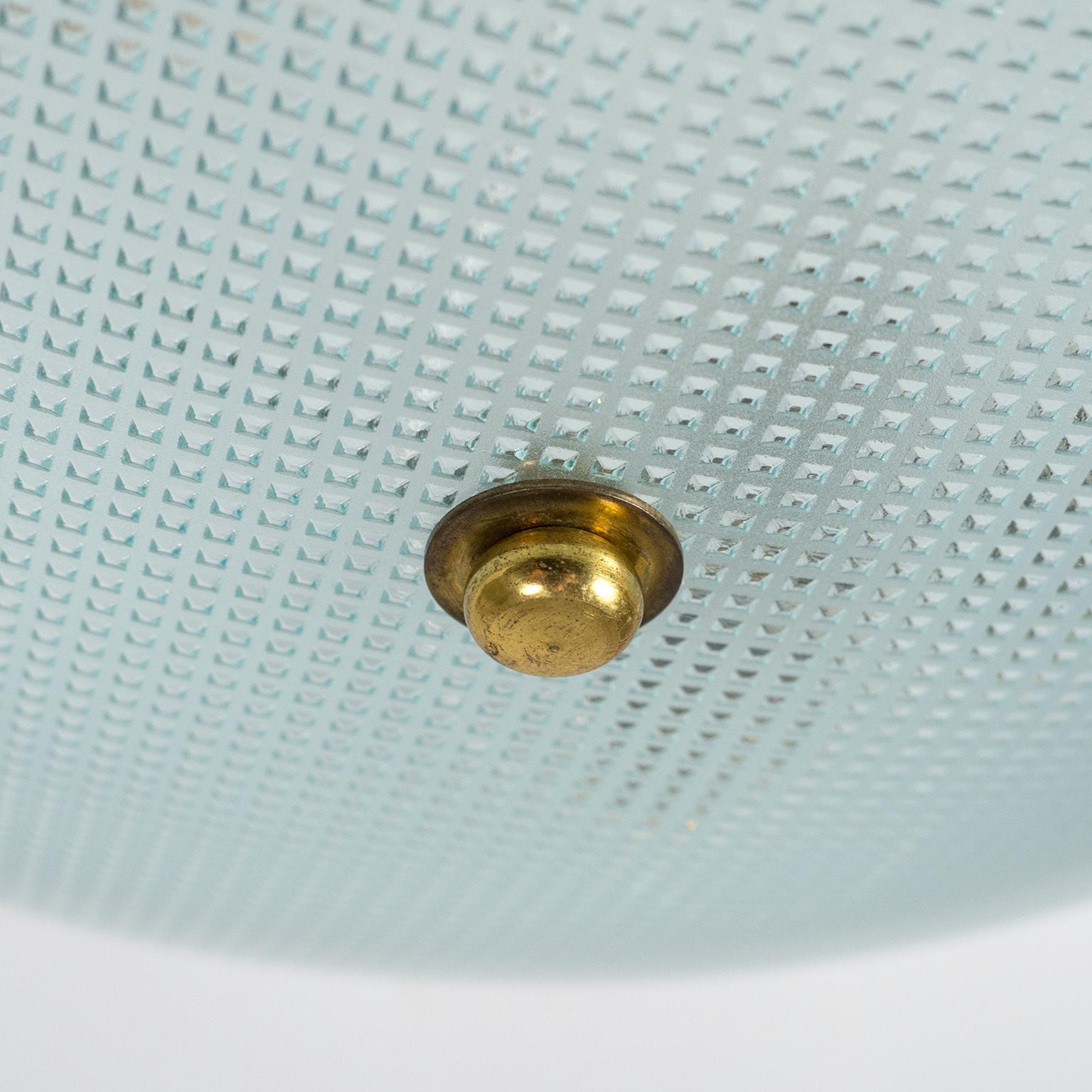 1950s Italian Saucer Ceiling or Wall Lights, Textured Glass and Brass 1