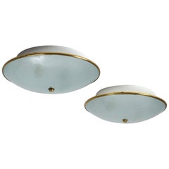 1950s Italian Saucer Ceiling or Wall Lights, Textured Glass and Brass