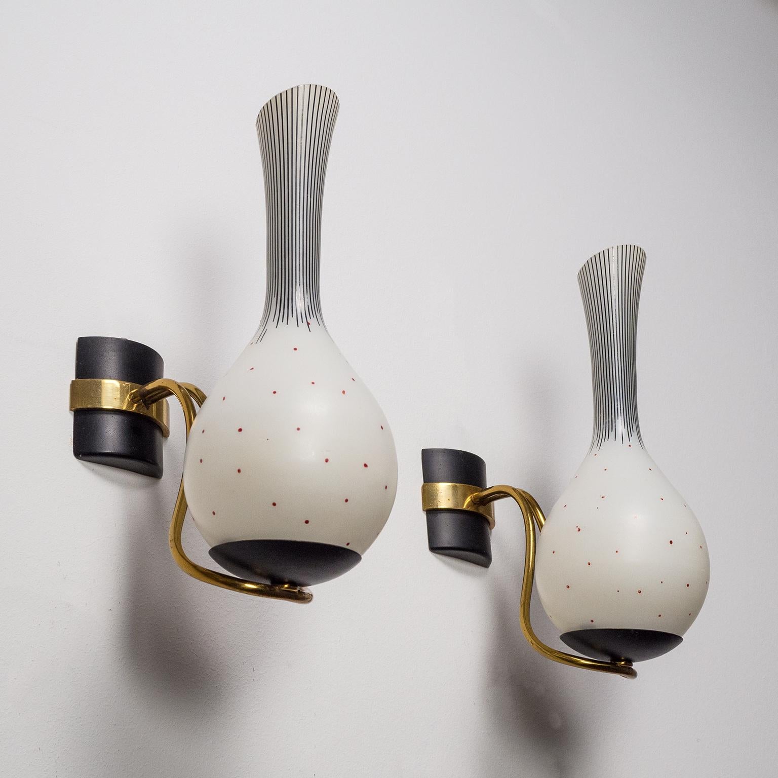 1950s Italian Sconces, Brass and Hand Painted Glass 7