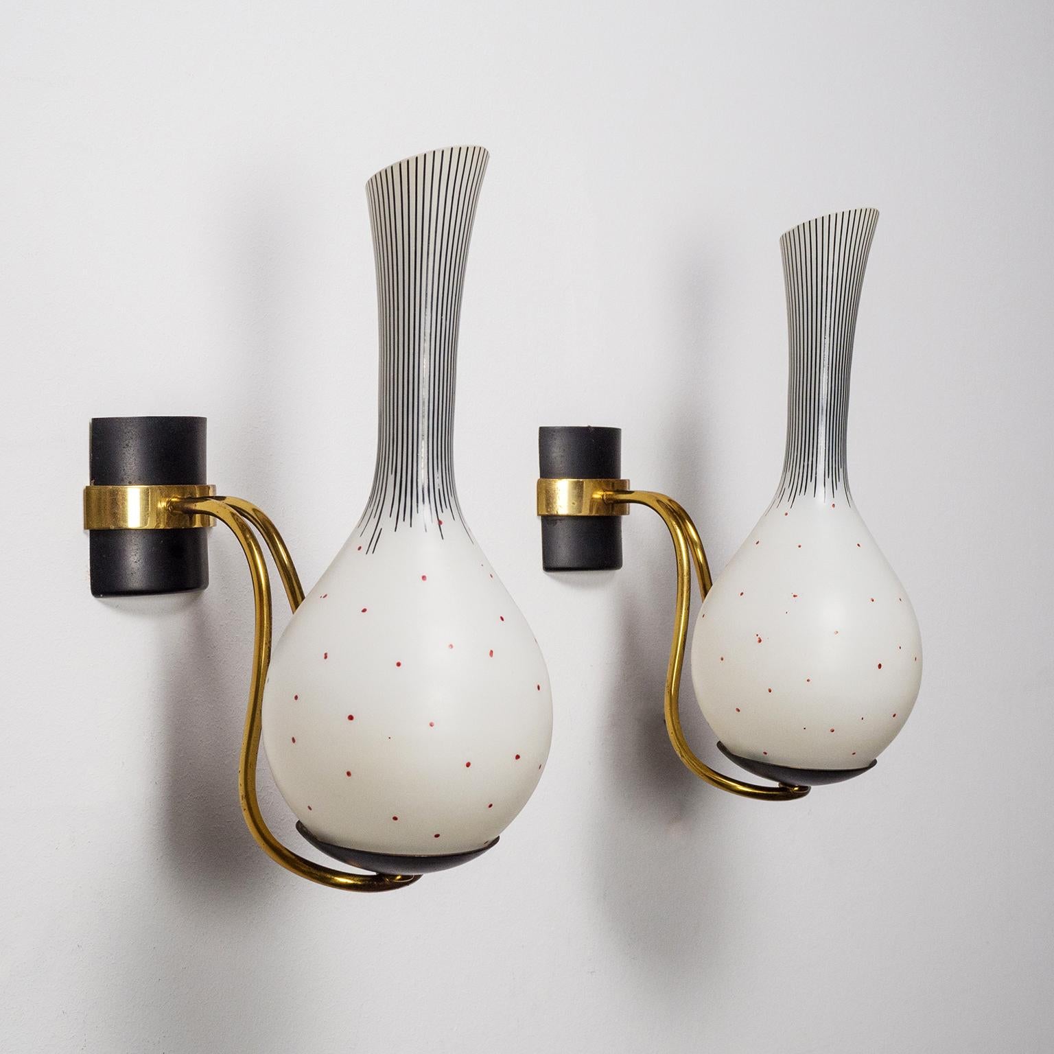 1950s Italian Sconces, Brass and Hand Painted Glass 6
