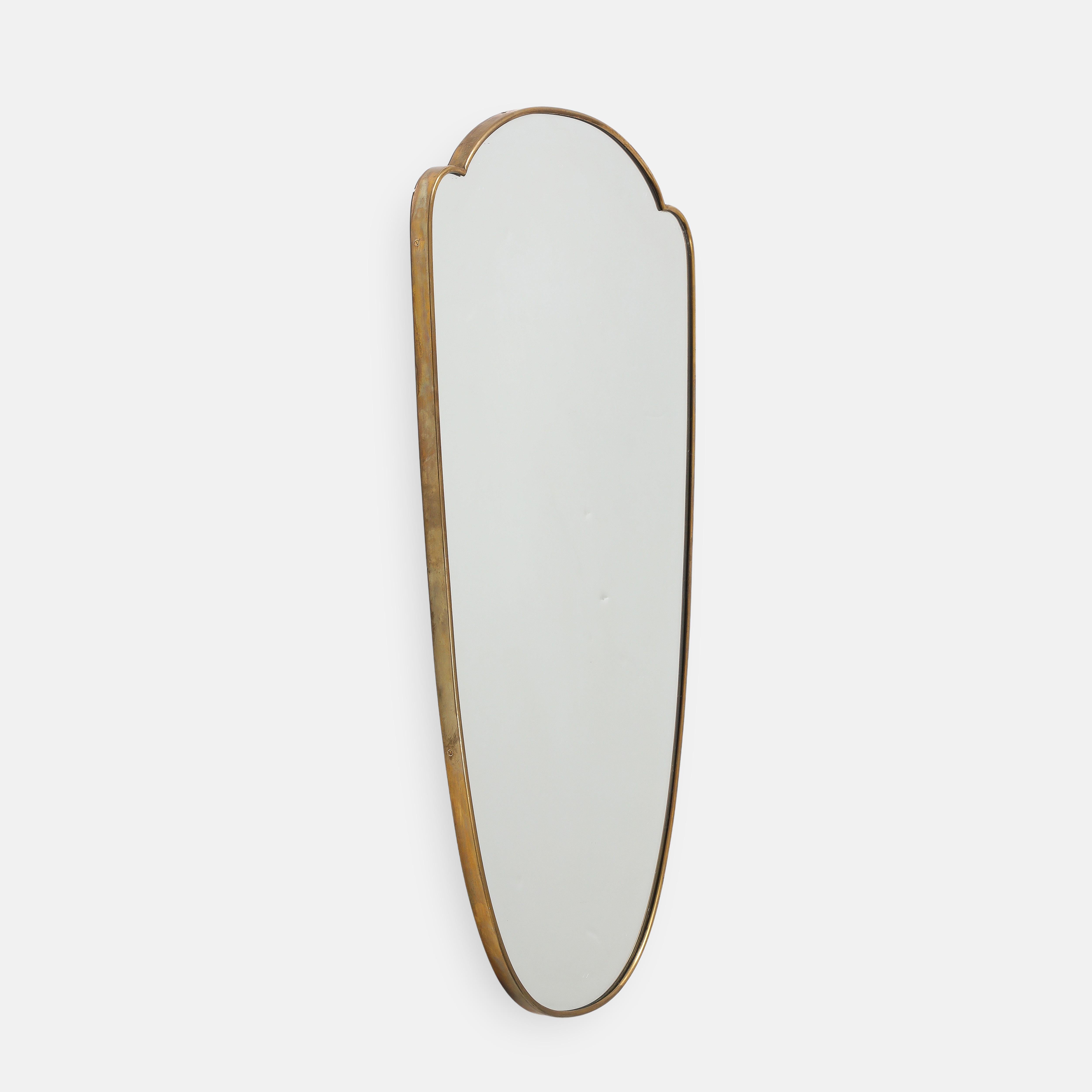 Mid-Century Modern 1950s Italian Shield Shaped Brass Mirror 