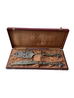 Juego italiano de los años 50 para servir pasteles y pescado, de plata chapada, en su caja