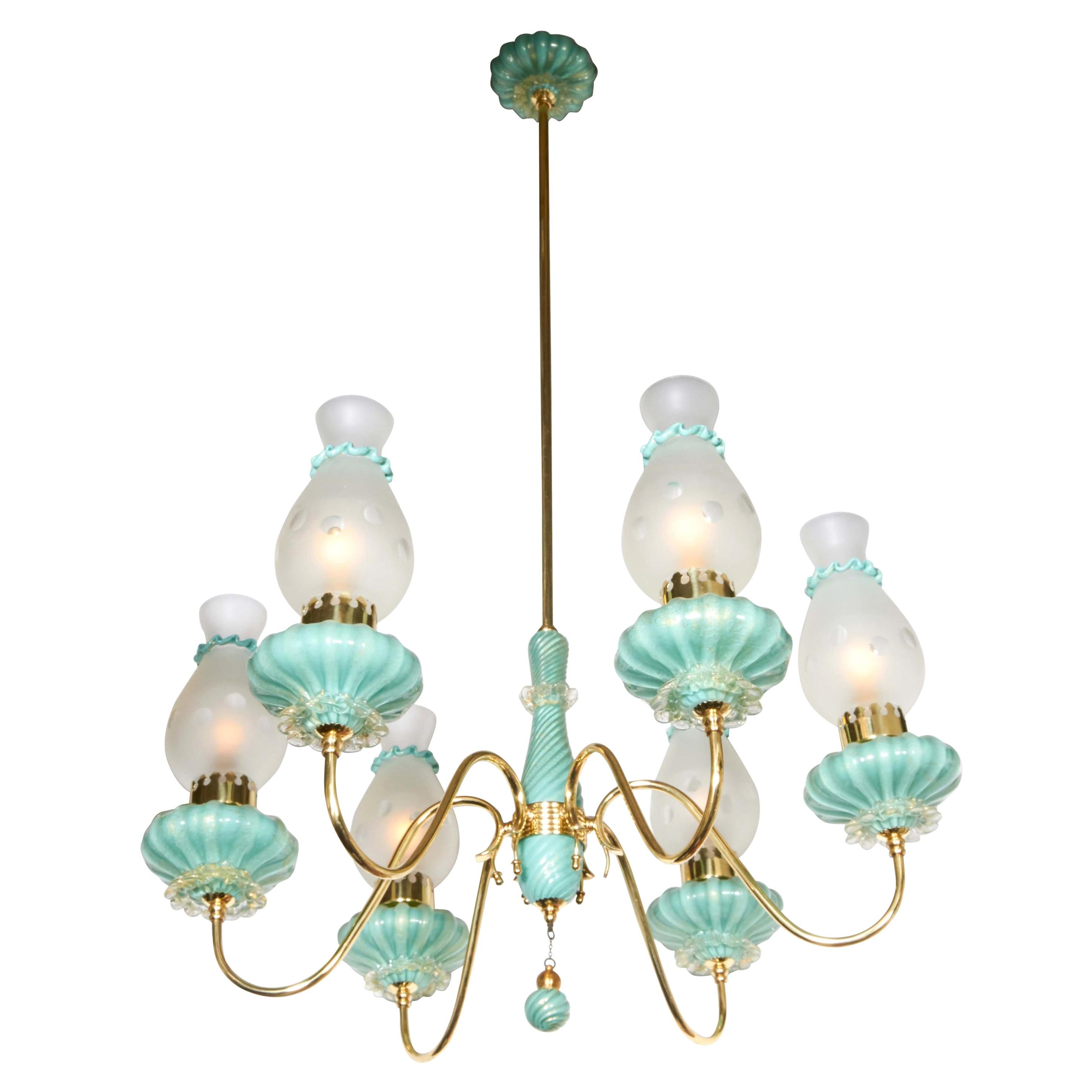 1950s Italian Six-Arm Chandelier Glass Attributed to Seguso Vetri d'Arte