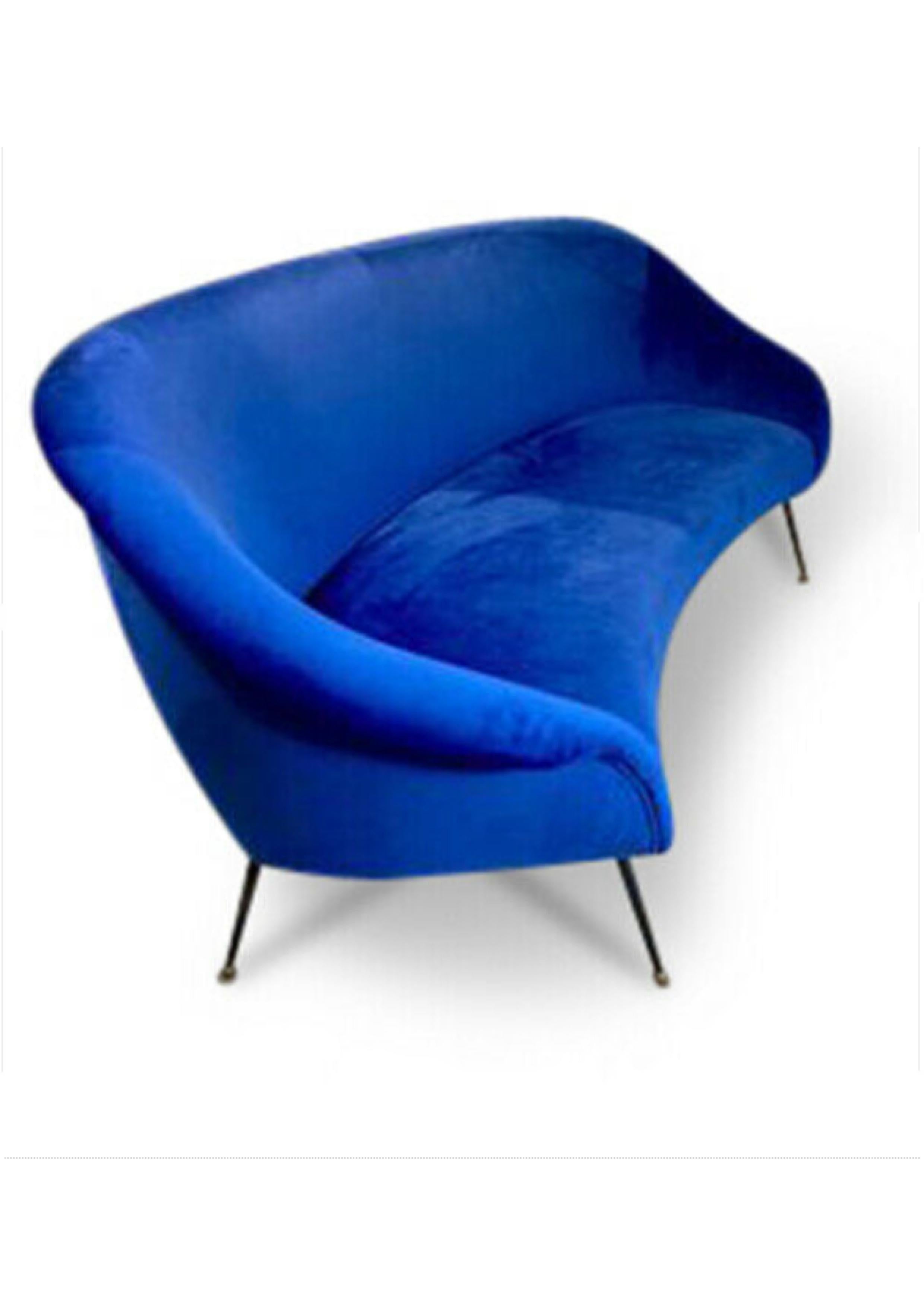 Mid-Century Modern 1950s Italian Soft Three-Seat Blue Velvet