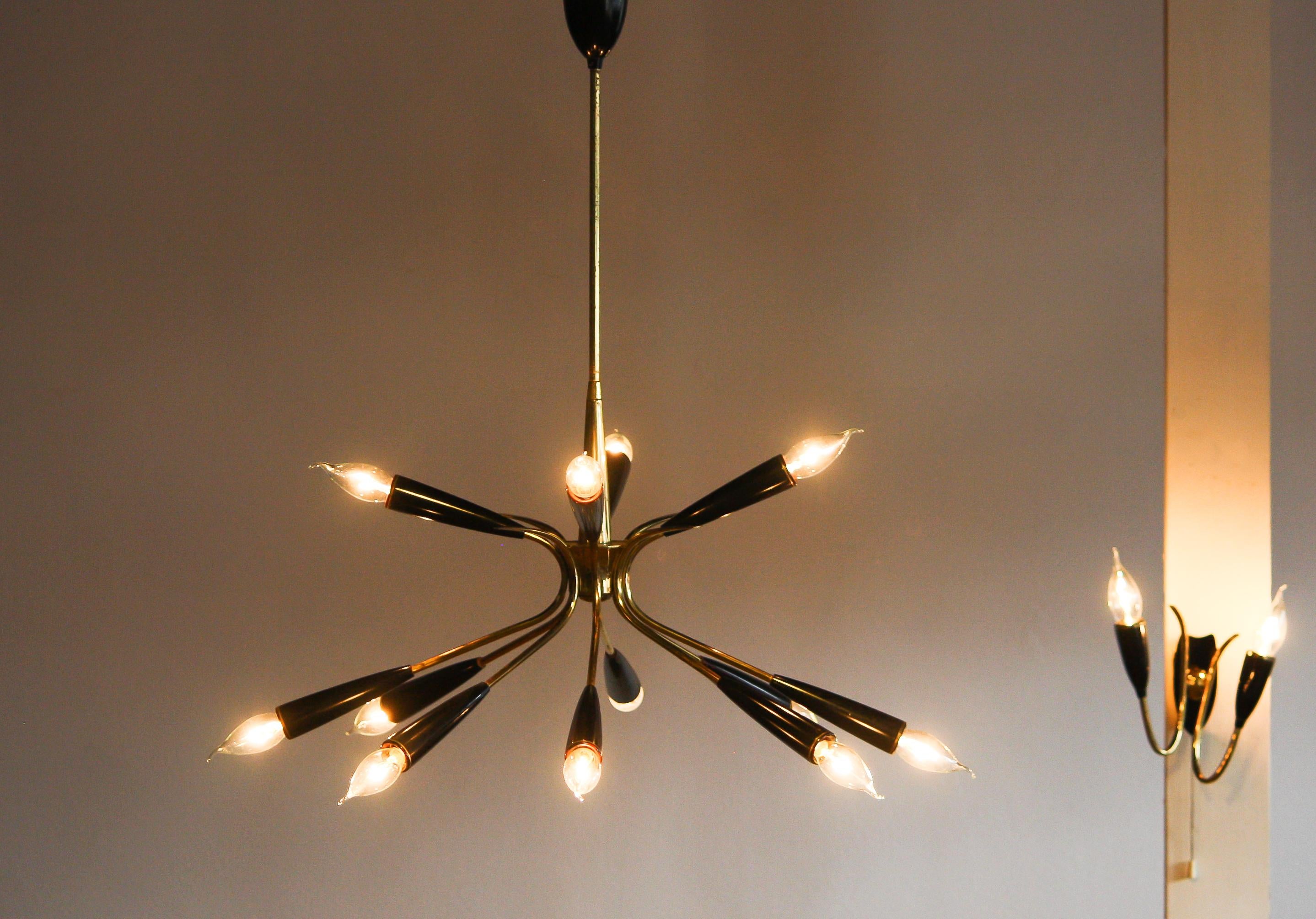 1950s, Italian Sputnik Chandelier with Wall Light 3