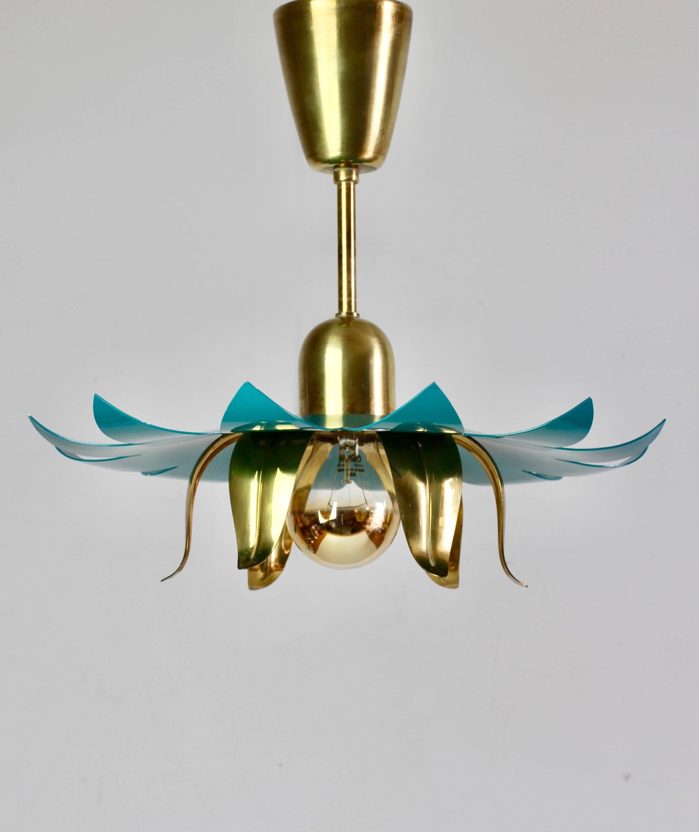 1950s Italian Stilnovo Style Brass and Turquoise Flower Pendant Light Fixture 2