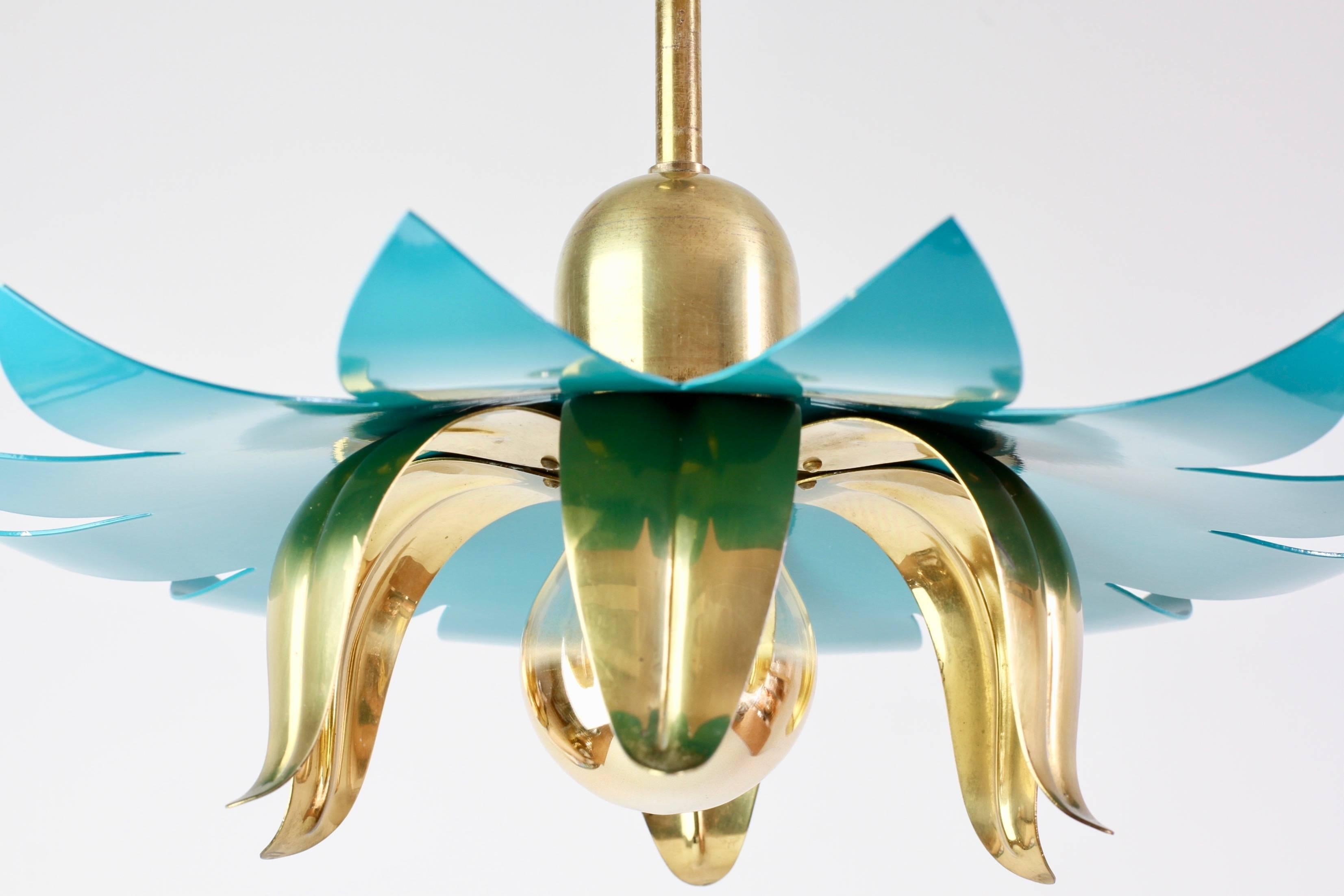 Mid-Century Modern 1950s Italian Stilnovo Style Brass and Turquoise Flower Pendant Light Fixture