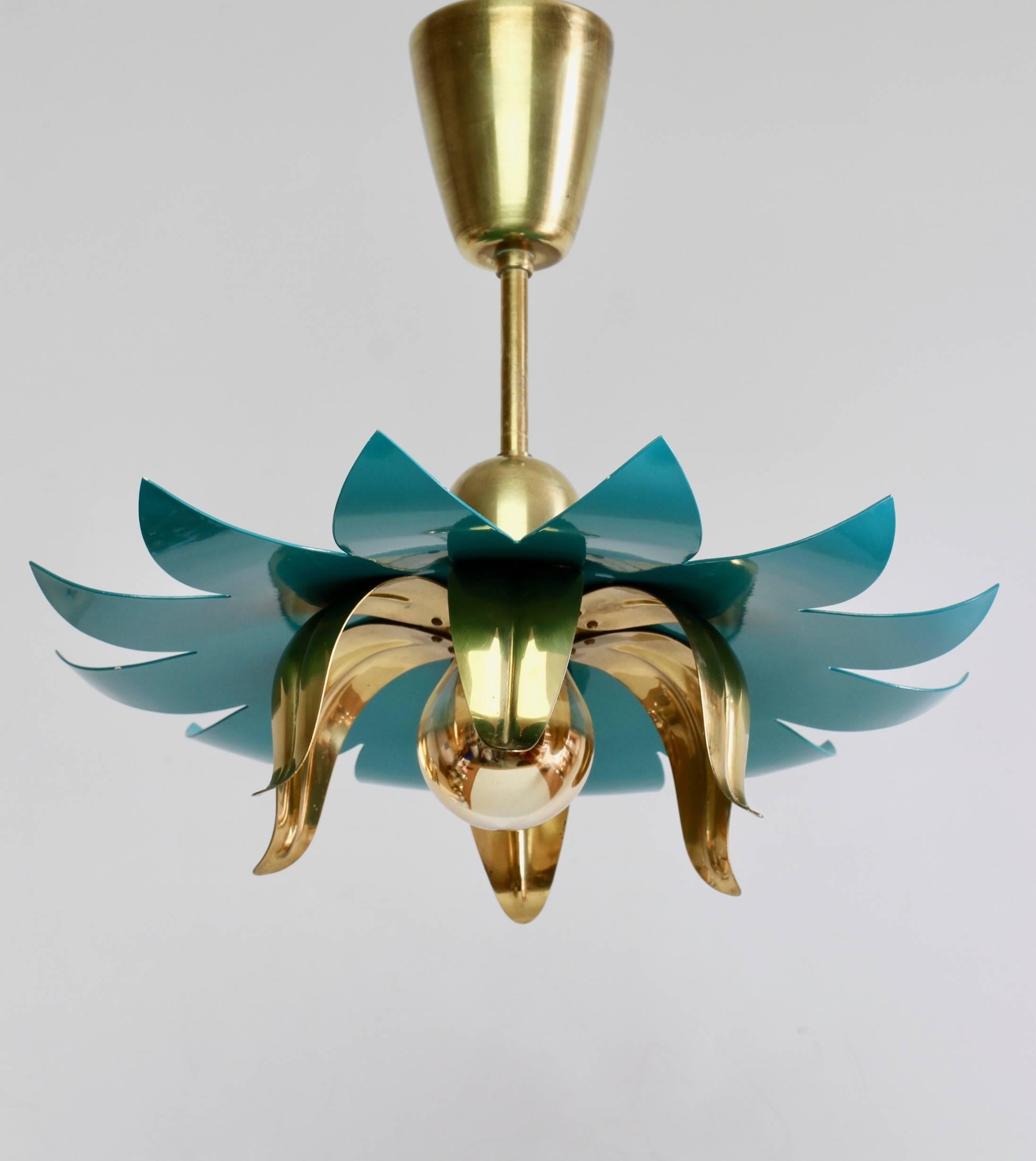 Painted 1950s Italian Stilnovo Style Brass and Turquoise Flower Pendant Light Fixture