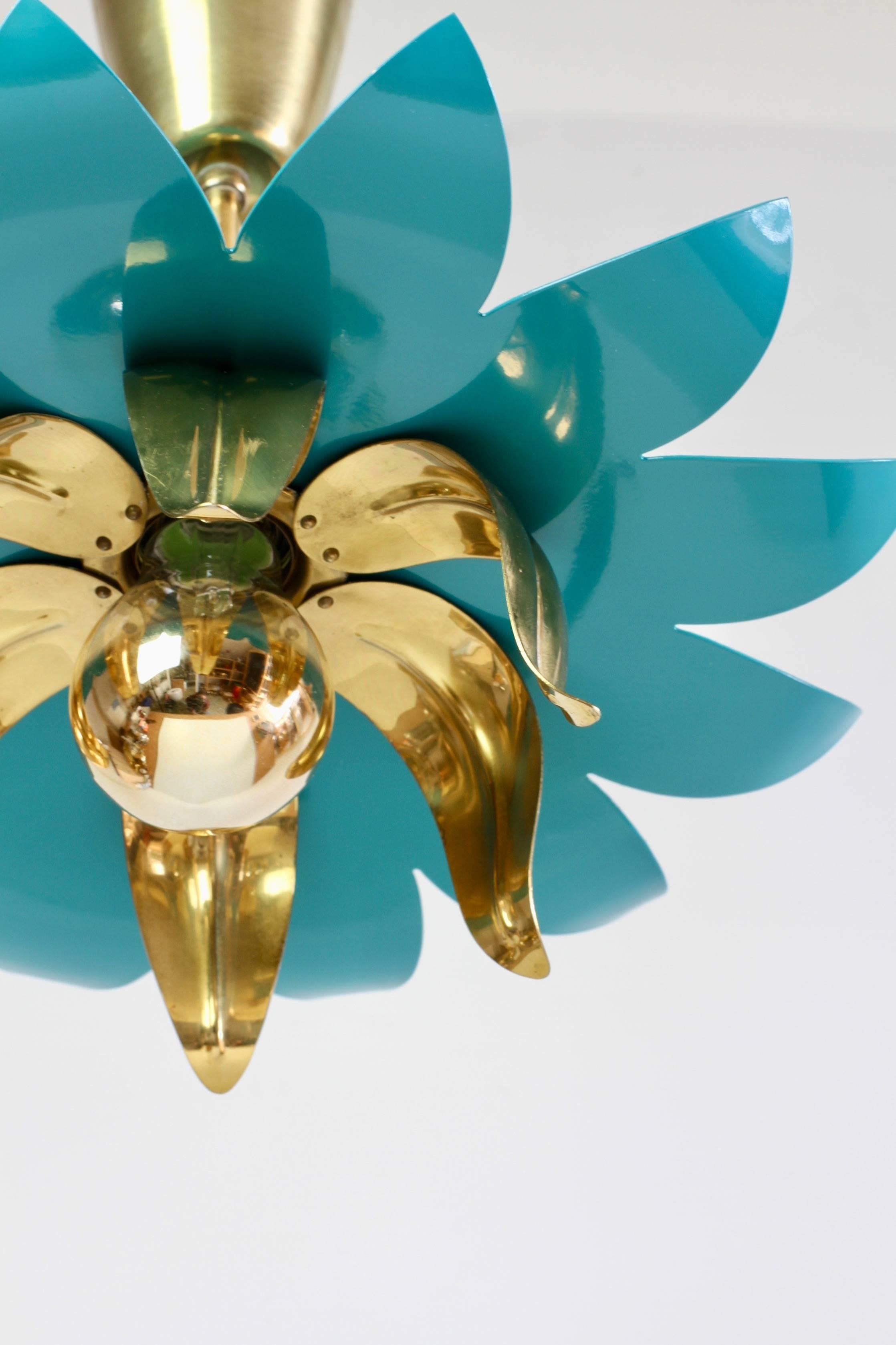 20th Century 1950s Italian Stilnovo Style Brass and Turquoise Flower Pendant Light Fixture