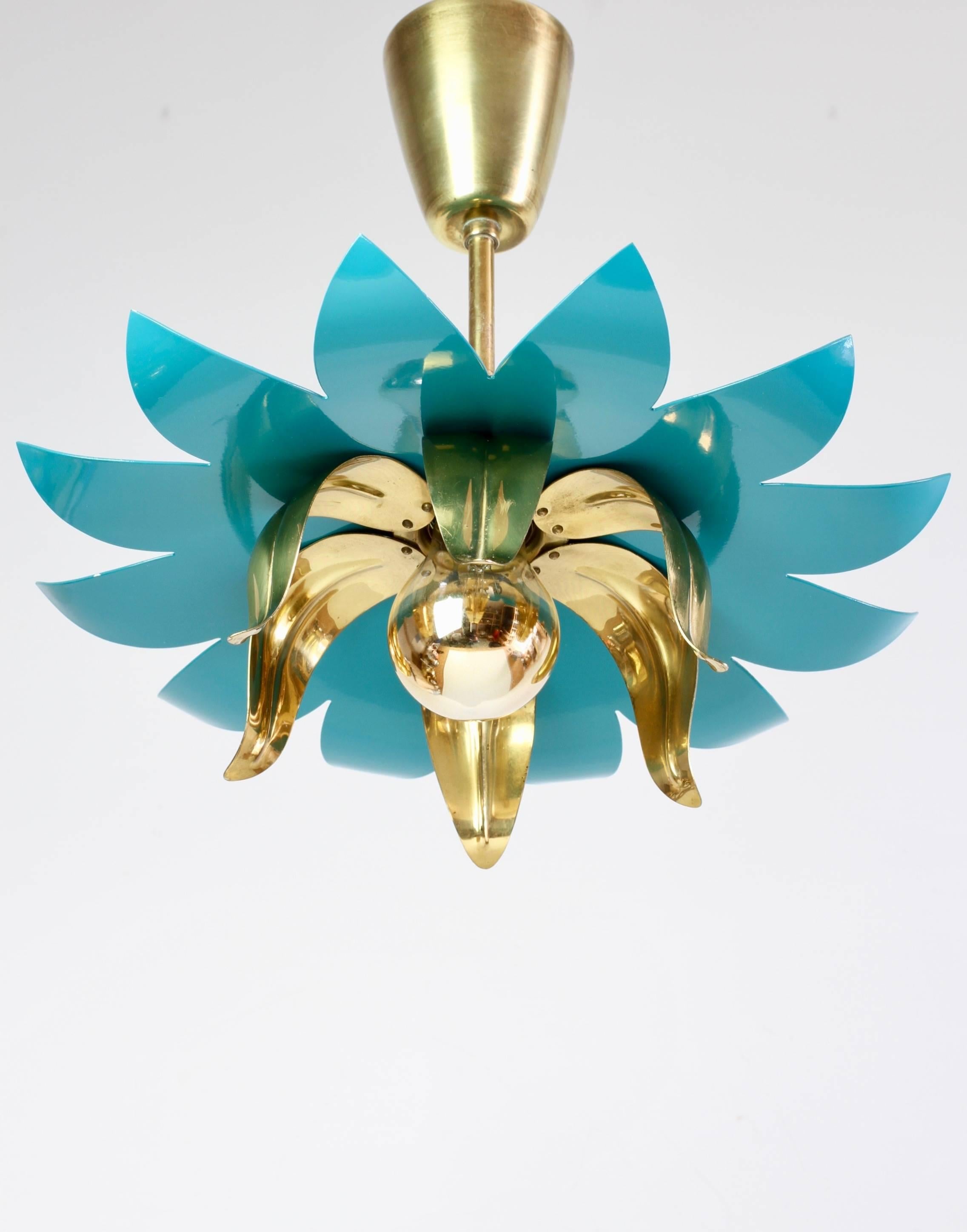 Metal 1950s Italian Stilnovo Style Brass and Turquoise Flower Pendant Light Fixture